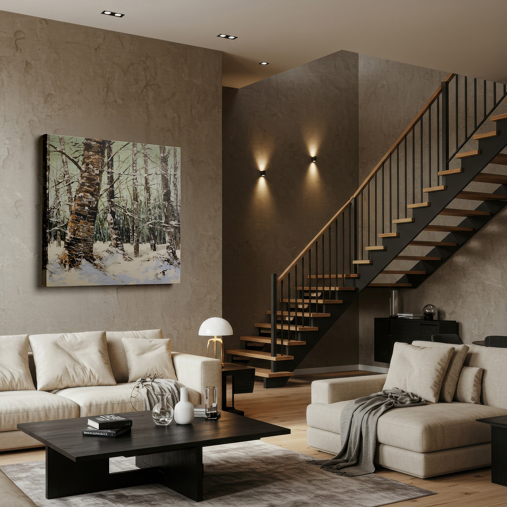 Balanced between two tall indoor plants near a window — serene winter birch trees in snowy quietude large canvas wall art for office, bedroom, and living room decor