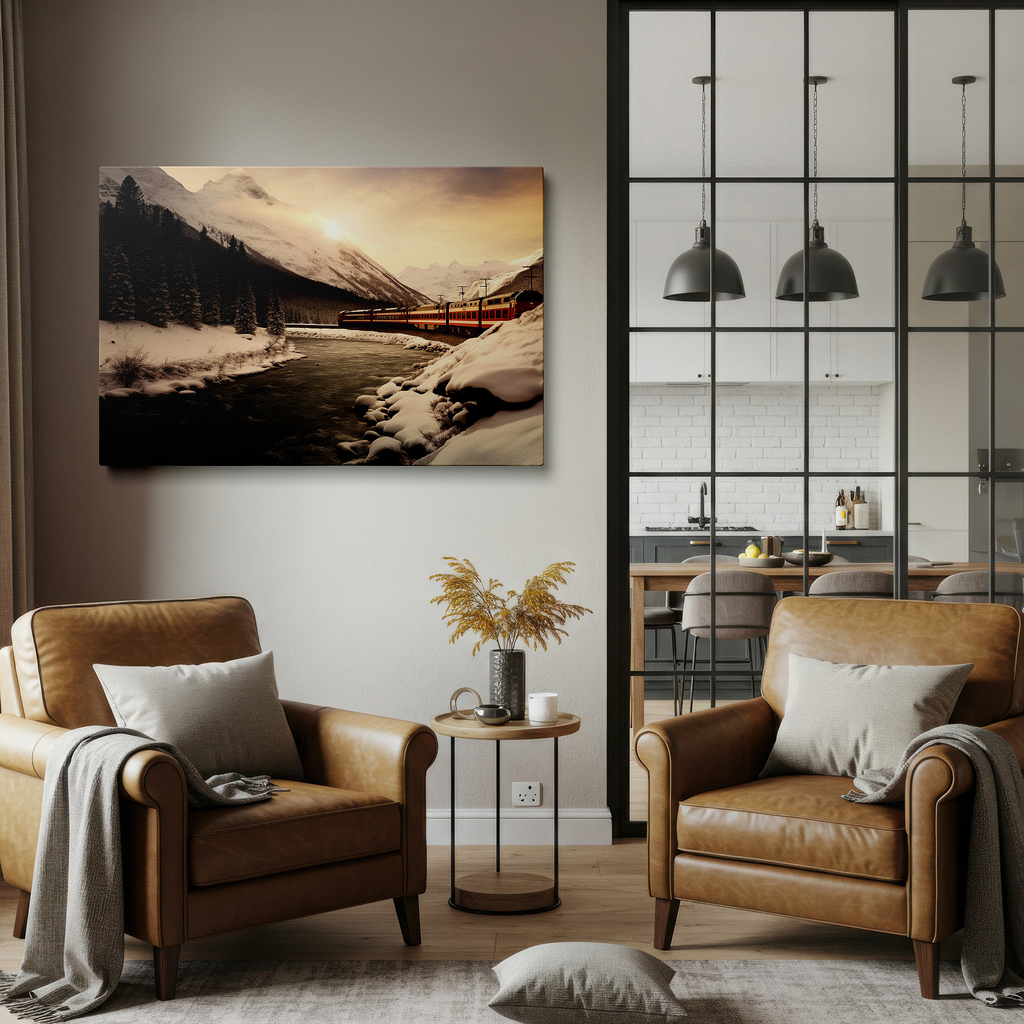 Balanced between two tall indoor plants near a window — serene winter journey wall art featuring snow-capped mountains and evergreen-lined rivers, perfect for office or bedroom decor