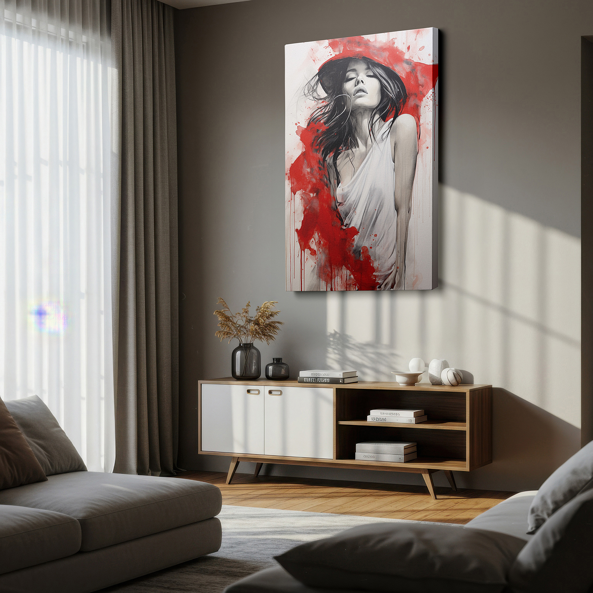 Balanced between two tall indoor plants near a window — serene woman in white against striking red background, a captivating blend of peace and chaos, large wall art, canvas wall art, wall decor for office