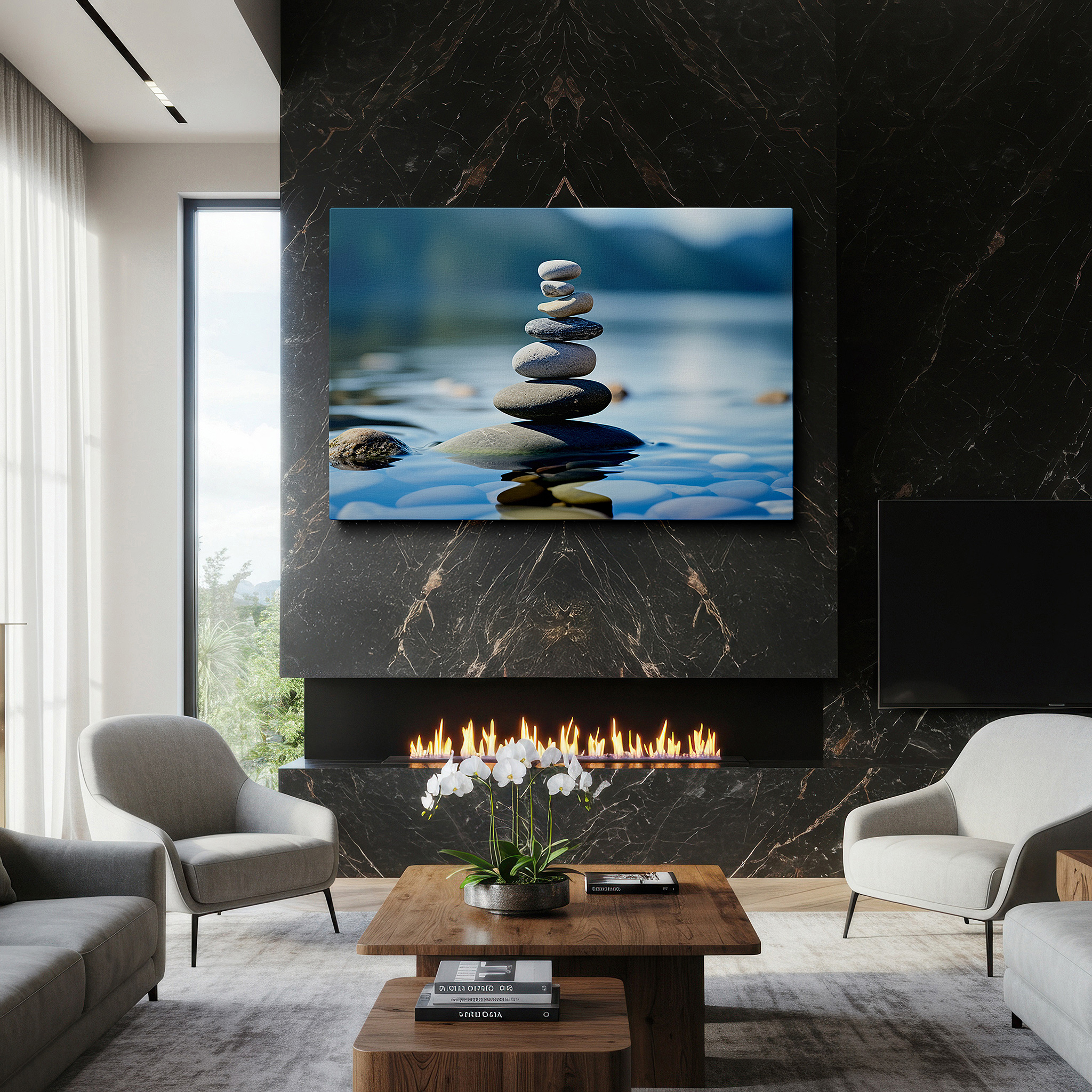 Balanced between two tall indoor plants near a window — serenity in balance - stones balanced on peaceful waters mirroring sky and spirit, large wall art, canvas wall art, wall decor for office and bedroom