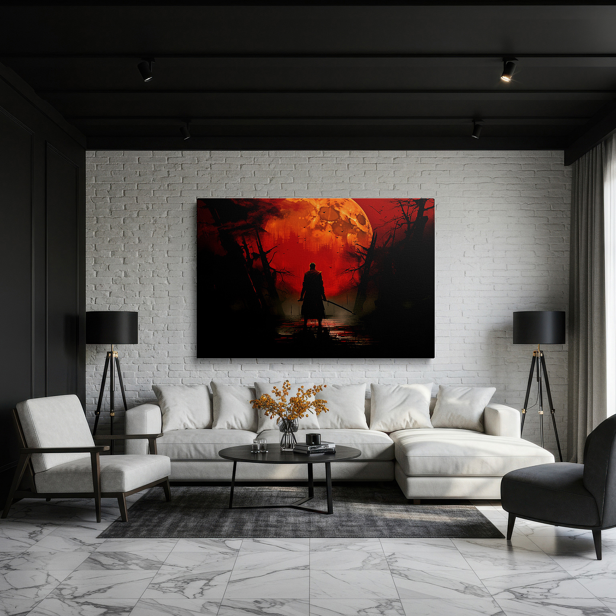 Balanced between two tall indoor plants near a window — silhouetted figure against a red moon in a haunting, shadowy landscape: large canvas wall art for office and bedroom decor
