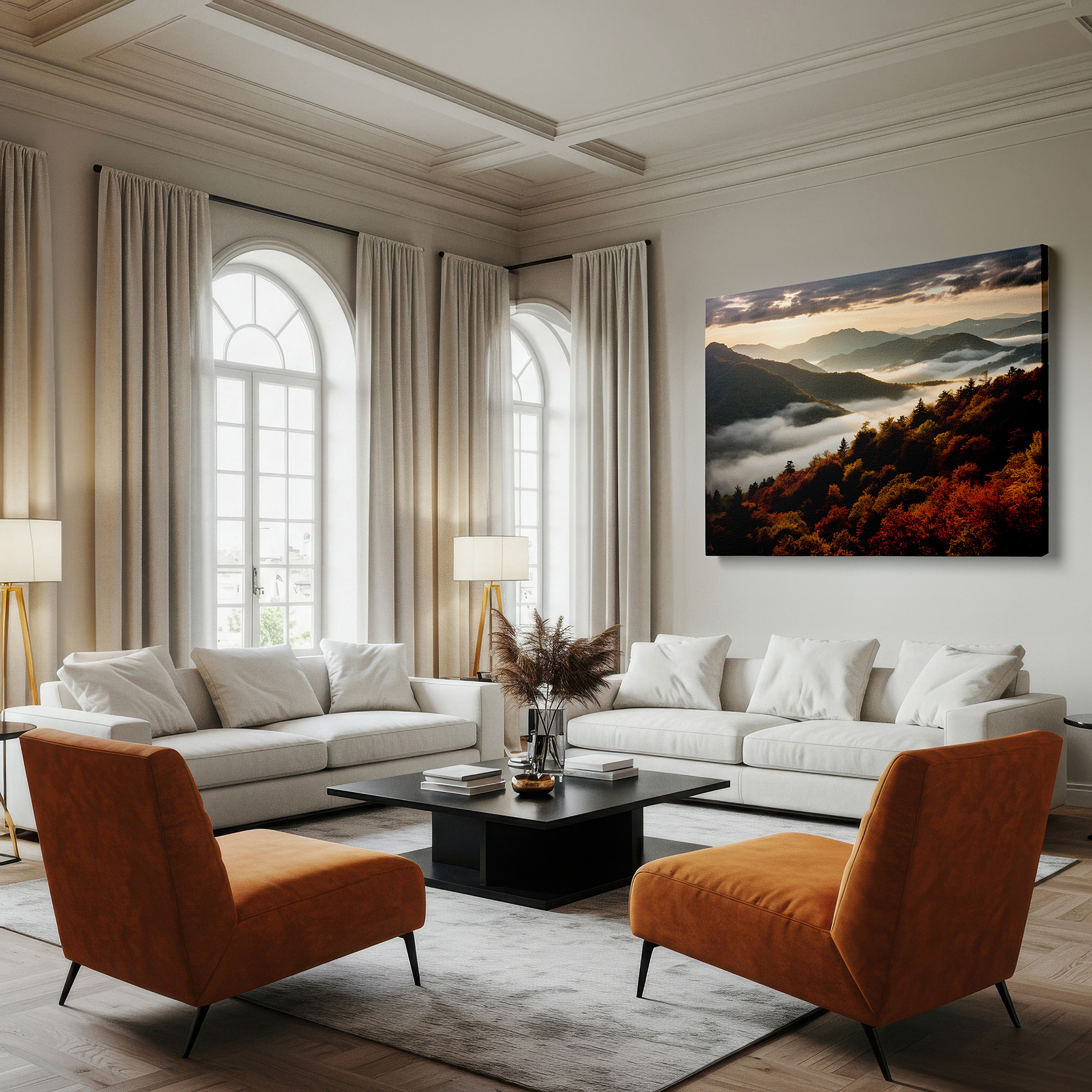 Balanced between two tall indoor plants near a window — smoky mountains at dawn - golden sunrise and autumn colors large wall art, canvas print, home and office decor
