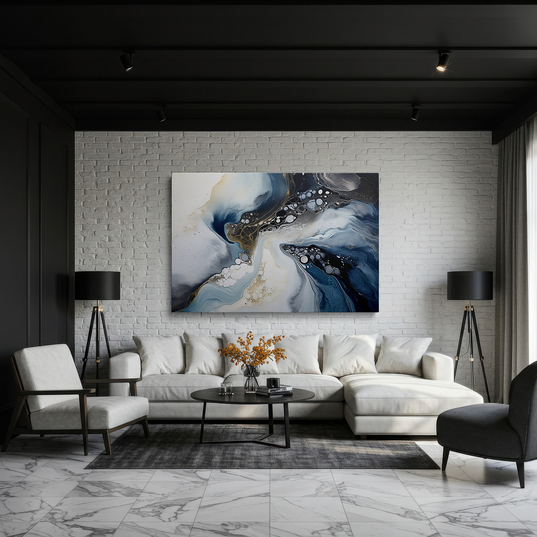 Balanced between two tall indoor plants near a window — soft blues, whites, and golds in serene circles: tranquil abstract harmony large wall art, canvas wall art, wall decor for office and bedroom
