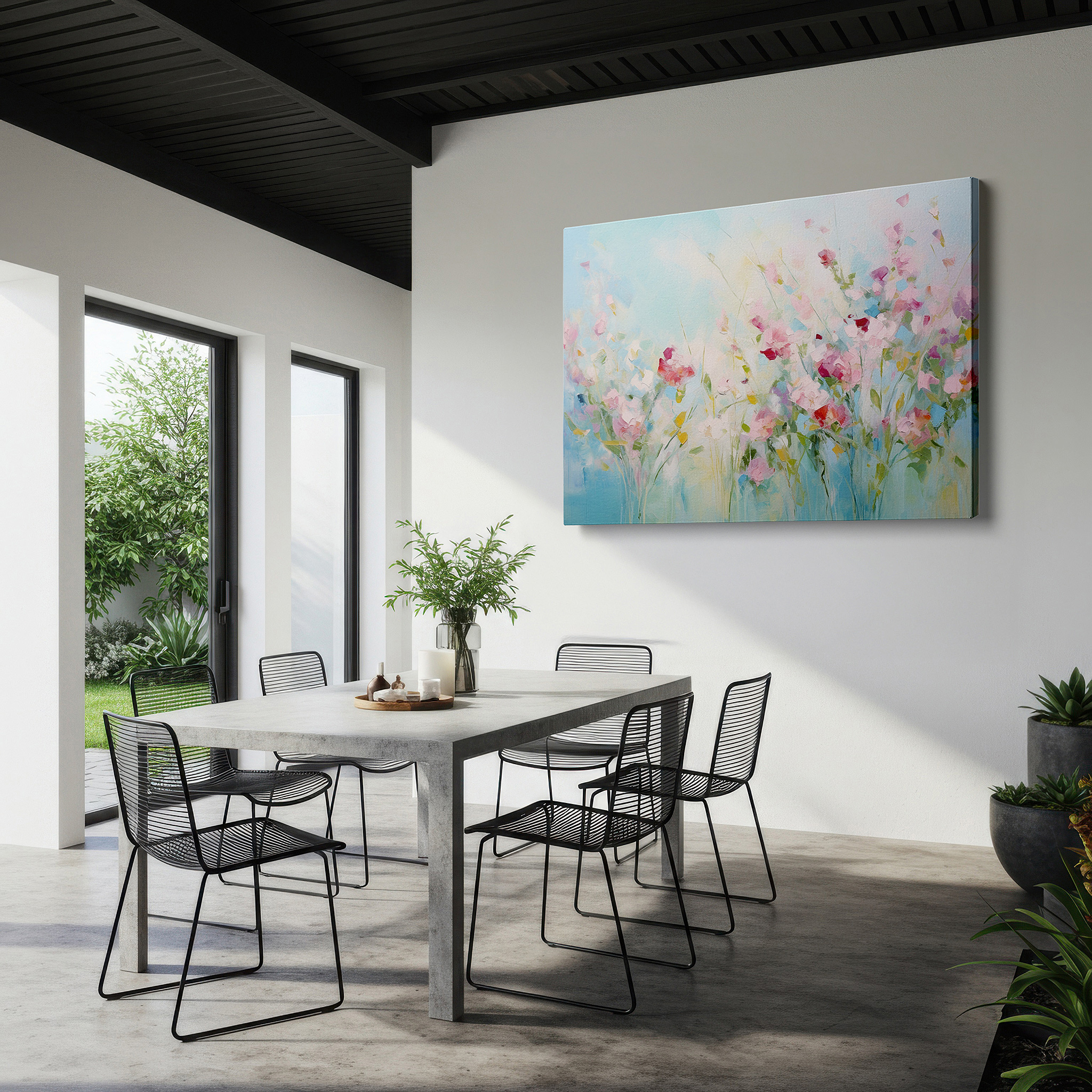 Balanced between two tall indoor plants near a window — soft pastel ethereal floral symphony, tranquil centerpiece for serene spaces, large canvas wall art decor for offices