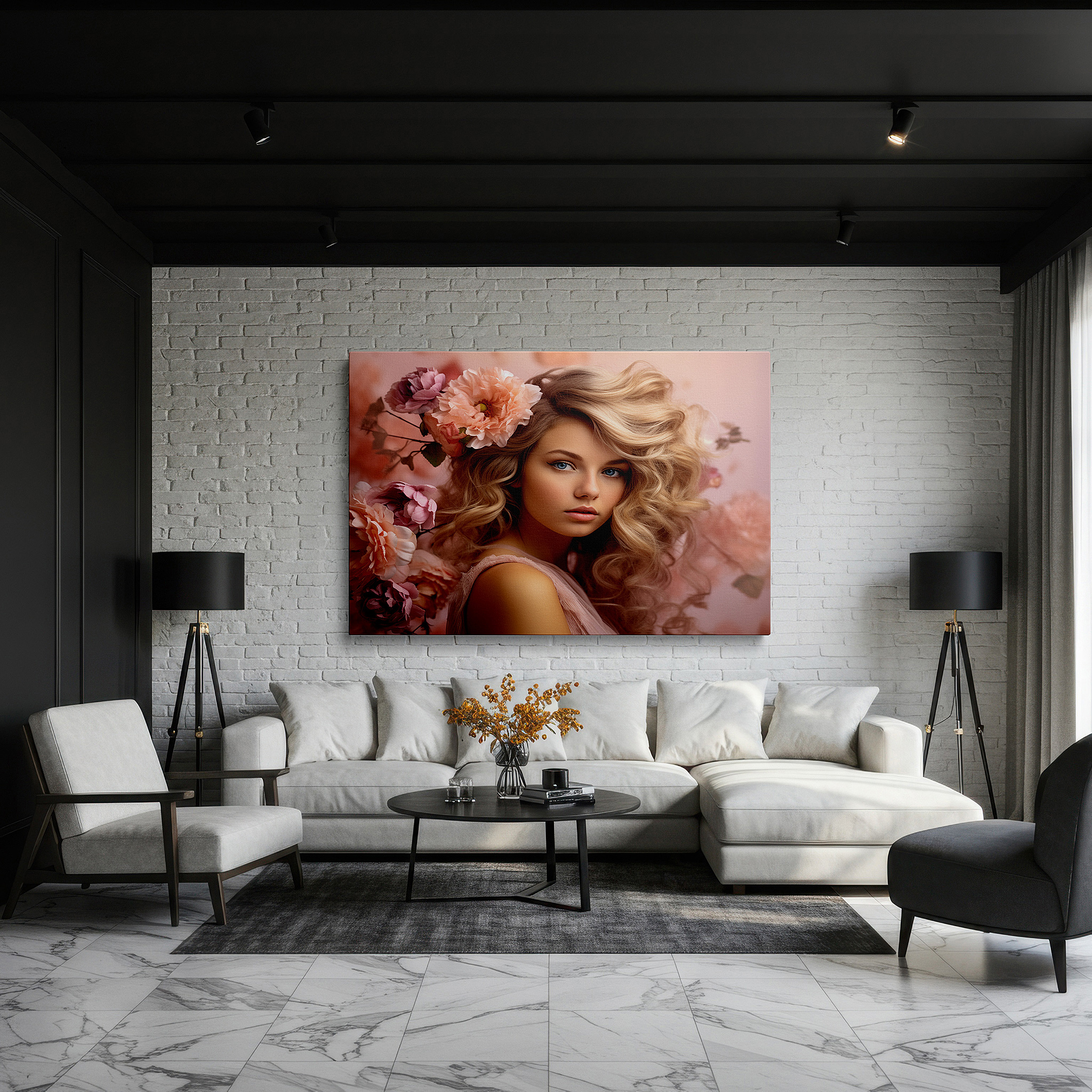 Balanced between two tall indoor plants near a window — soft pink blossoms: a serene and tranquil portrait of feminine grace - large canvas wall art for home and office decor