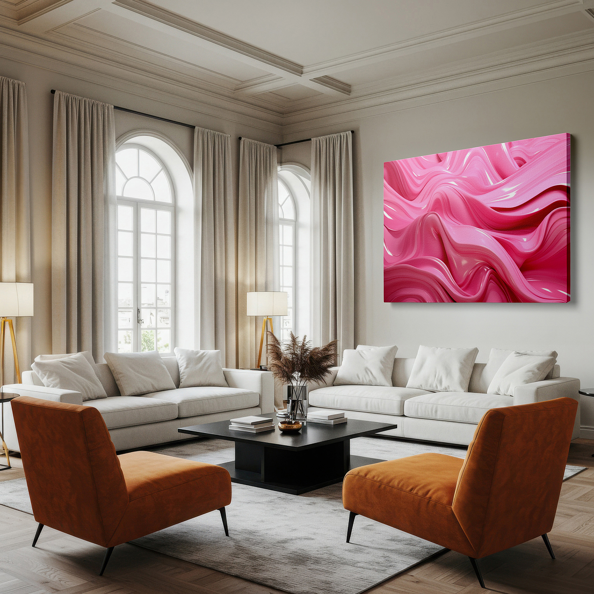 Balanced between two tall indoor plants near a window — soothing pink waves, abstract expressionist large wall art, canvas decor for office, bedroom, and living room