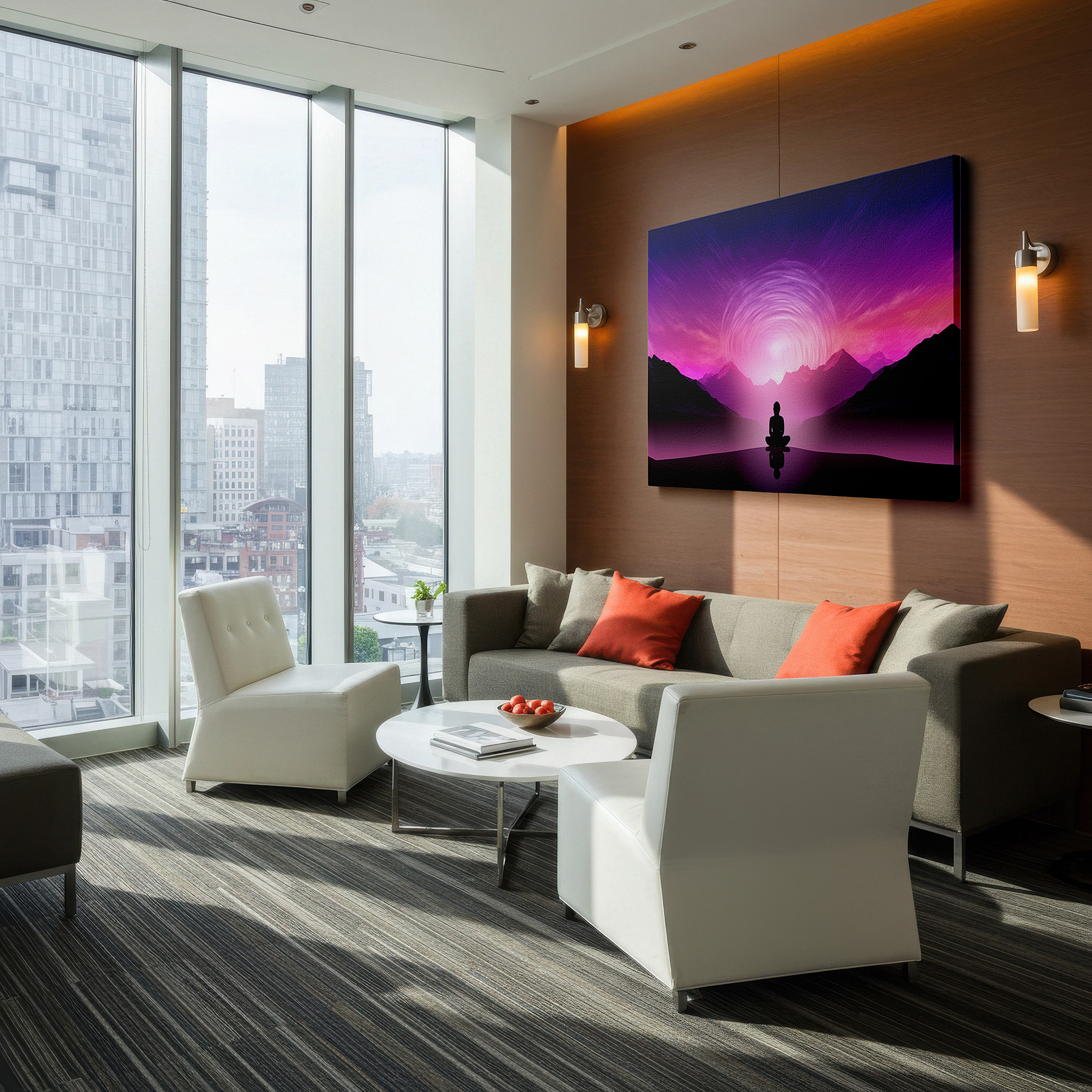 Balanced between two tall indoor plants near a window — spiritual reflection and dynamic energy in abstract mountain vistas: meditative solitude large wall art, canvas wall art, wall decor
