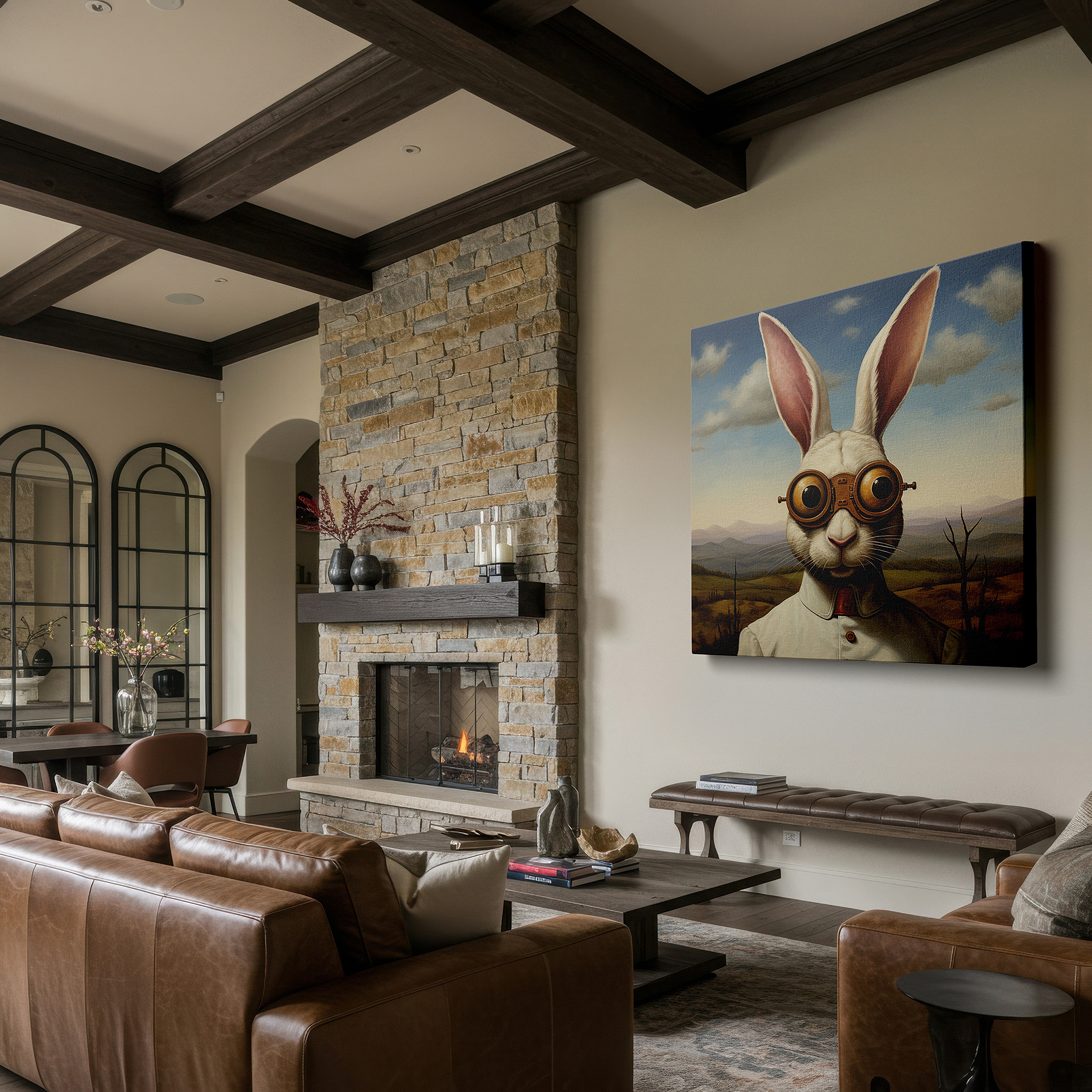 Balanced between two tall indoor plants near a window — steampunk rabbit wall art: whimsical and mechanical twilight scene, large canvas art for home and office decor
