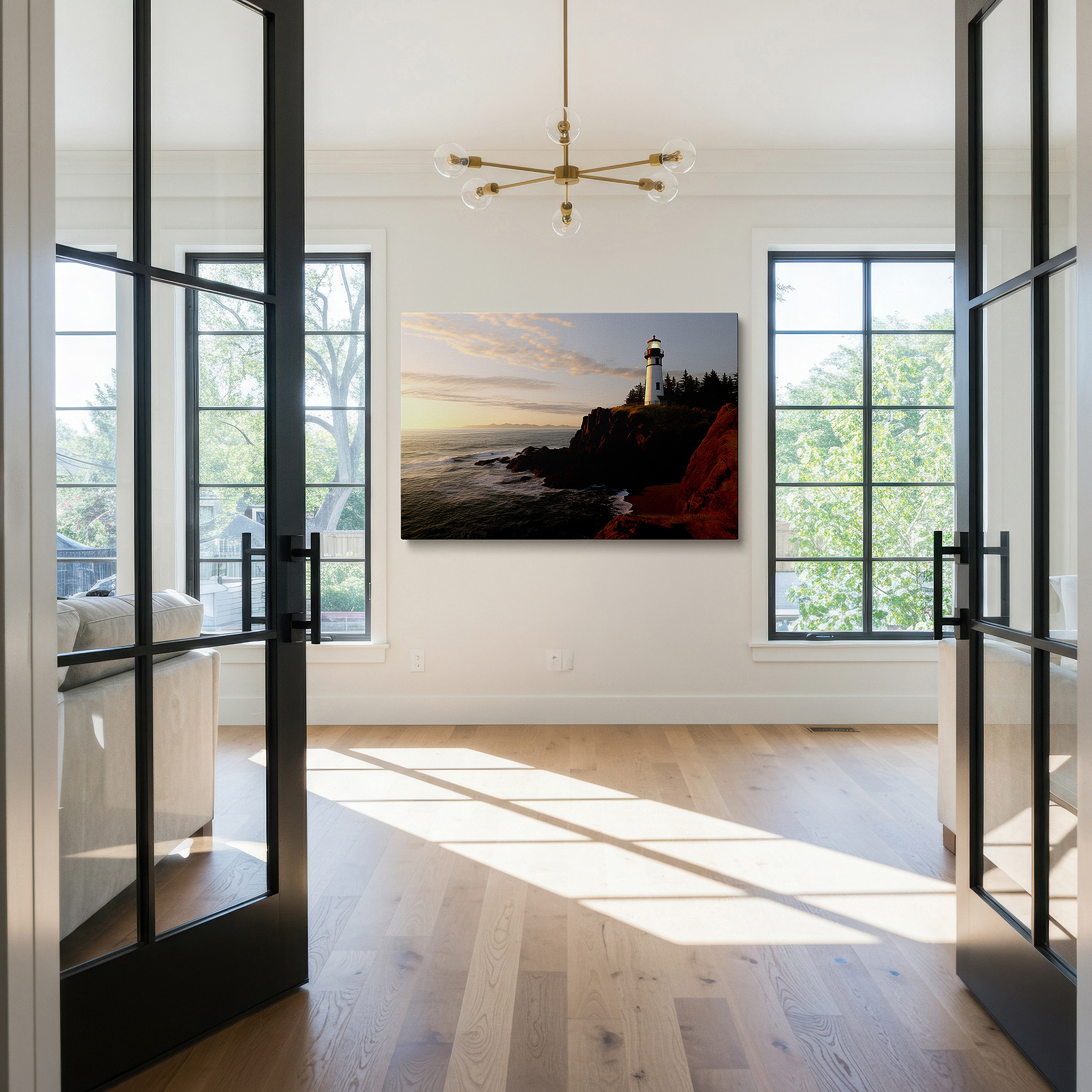 Balanced between two tall indoor plants near a window — stunning dawn-lit lighthouse canvas art - a beacon of guidance on a rugged cliff, ideal for office wall decor