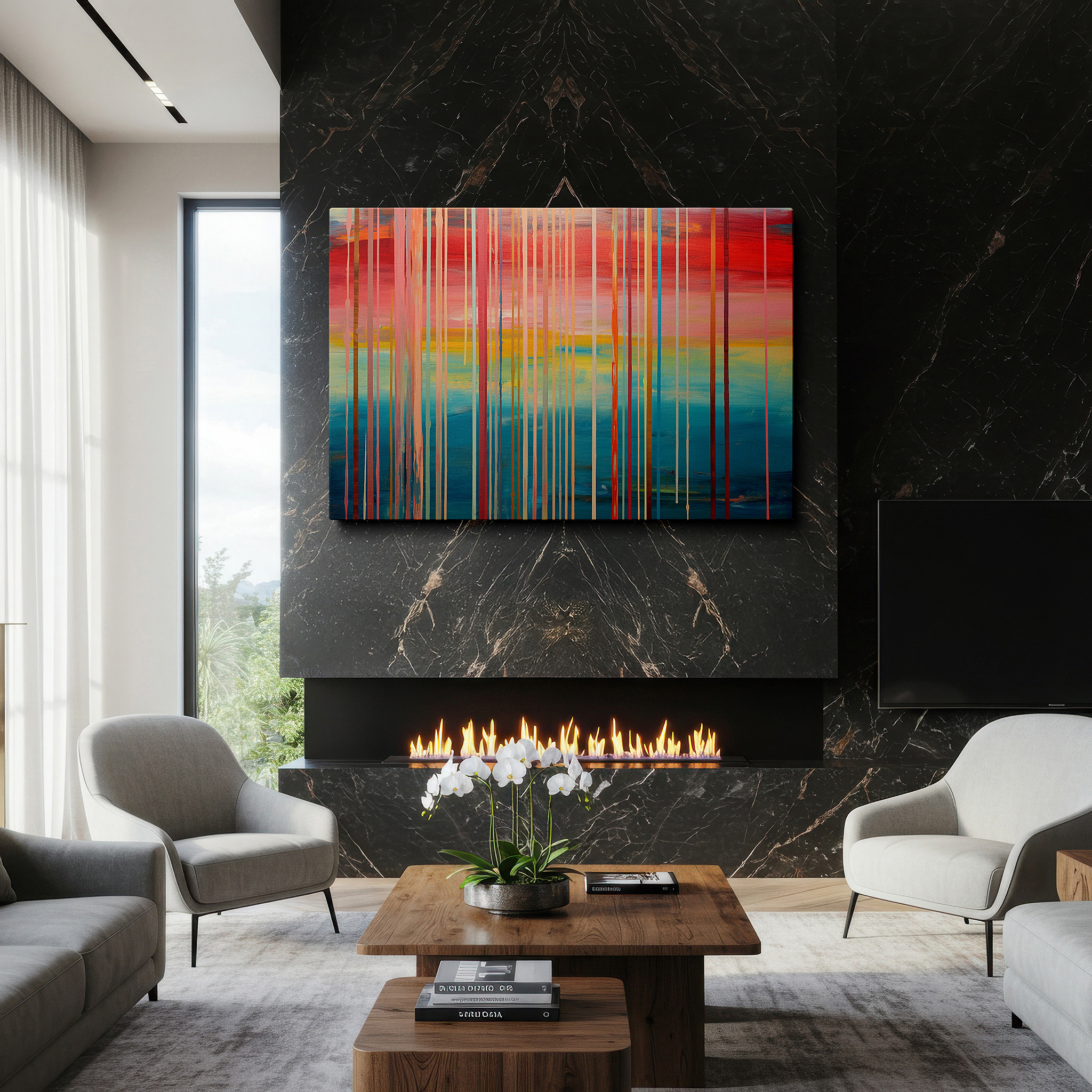 Balanced between two tall indoor plants near a window — a stunning display of vibrant reds and serene blues in abstract expressionism large wall art, canvas wall art, wall decor for office and bedroom
