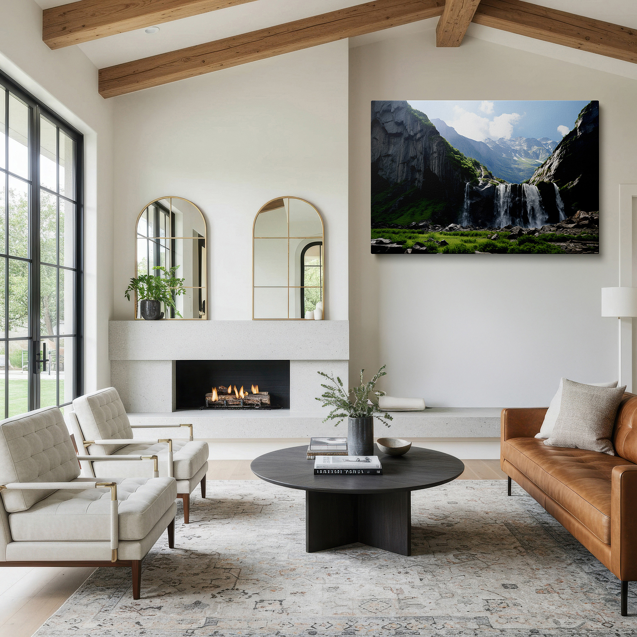 Balanced between two tall indoor plants near a window — stunning waterfall cascading over steep cliffs, a brilliant display of natural beauty - large wall art, canvas wall art, wall decor for office and bedroom