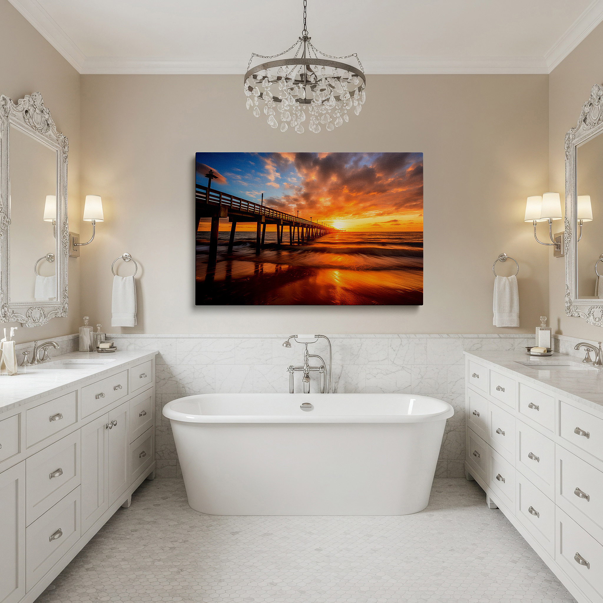 Balanced between two tall indoor plants near a window — sunset serenade at the ocean pier: a vivid display of nature's palette - large canvas wall art for office and bedroom decor