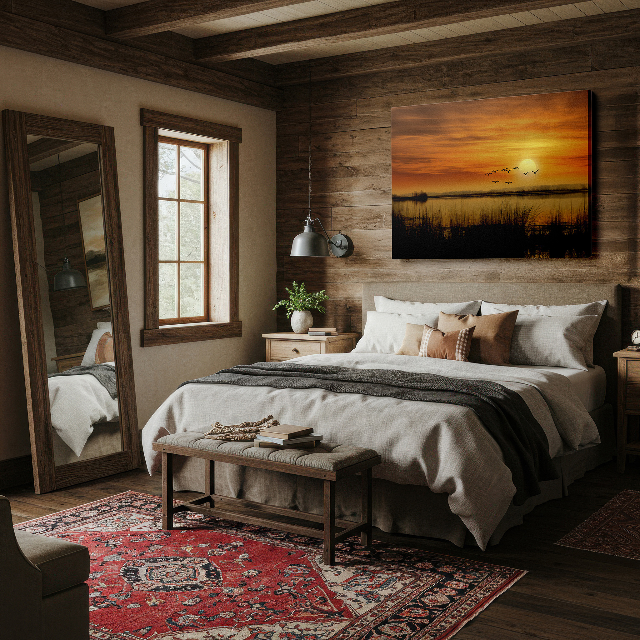 Balanced between two tall indoor plants near a window — sunset serenity over tranquil waters featuring silhouetted birds in flight - large canvas wall art for office and bedroom decor
