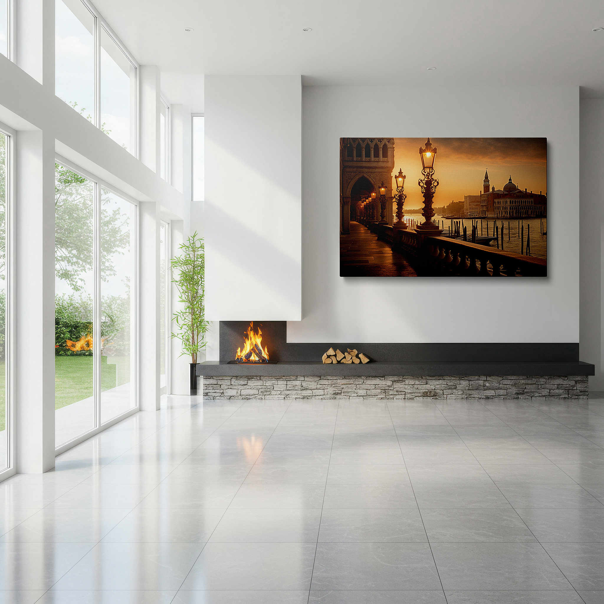 Balanced between two tall indoor plants near a window — sunset serenity at the waterfront wall art: experience tranquility with a blend of light, shadows, and historical charm - perfect for home or office decor
