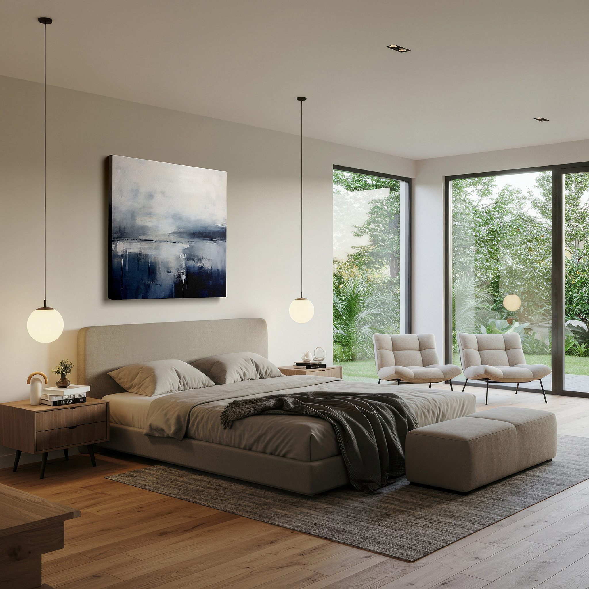 Balanced between two tall indoor plants near a window — tranquil abstract landscape in soft blues and grays, large wall art for a peaceful atmosphere, canvas wall art, decor for office and bedroom walls