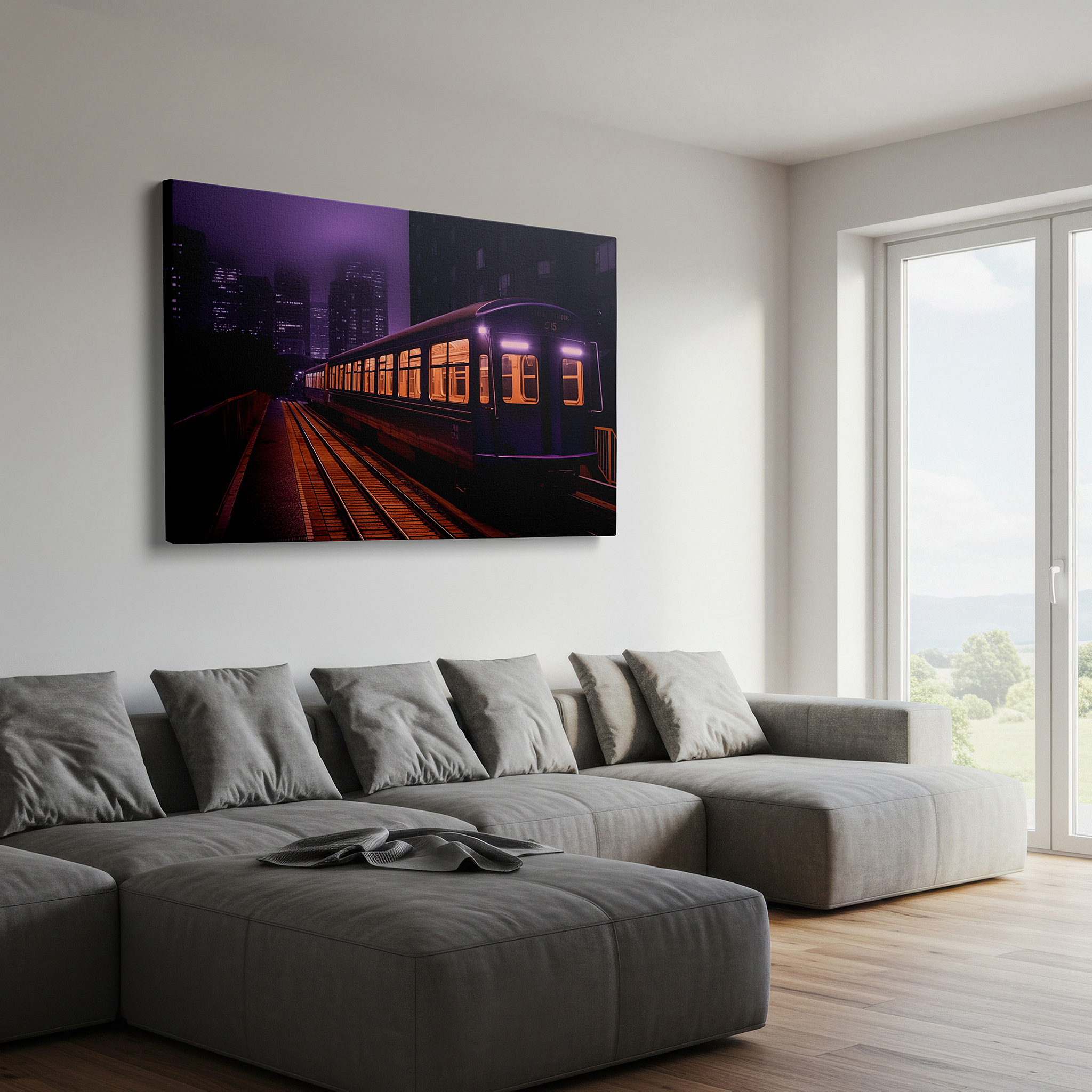 Balanced between two tall indoor plants near a window — urban solitude and mystery: purple train under soft lighting - large canvas wall art for office and bedroom decor