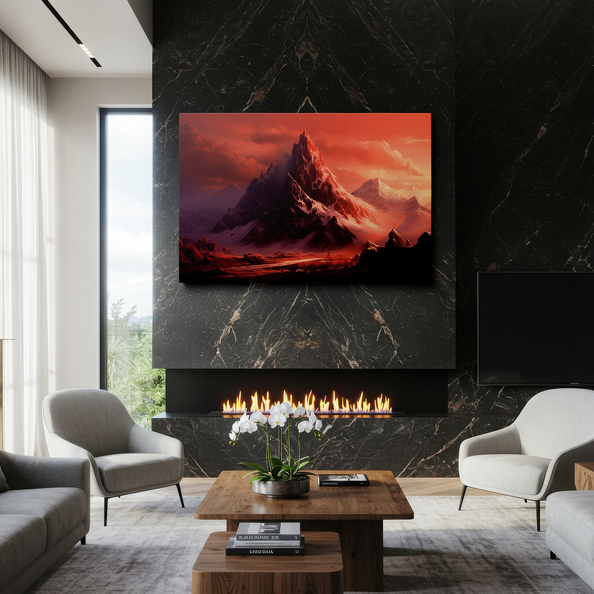 Balanced between two tall indoor plants near a window — vermilion majestic mountain peak, dramatic nature-inspired large canvas wall art for office and bedroom decor