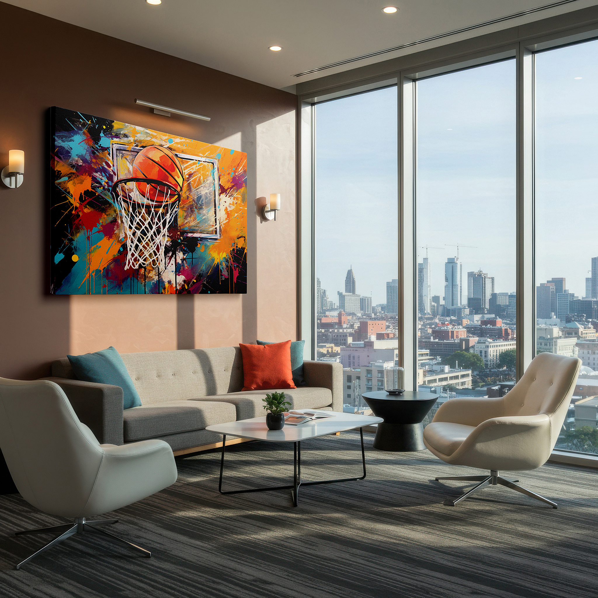 Balanced between two tall indoor plants near a window — vibrant basketball scenes: a blend of sports and art, large canvas wall art for home and office decor