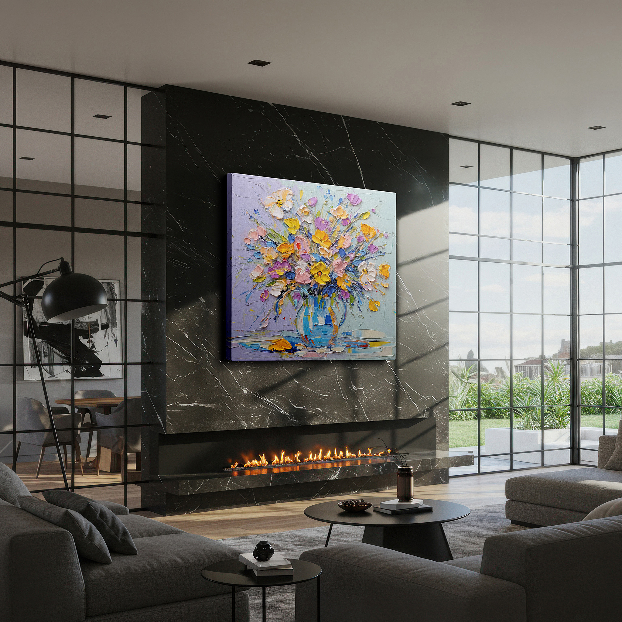 Balanced between two tall indoor plants near a window — vibrant floral symphony with palette knife textures: enhance any space with large canvas wall art for offices and bedrooms