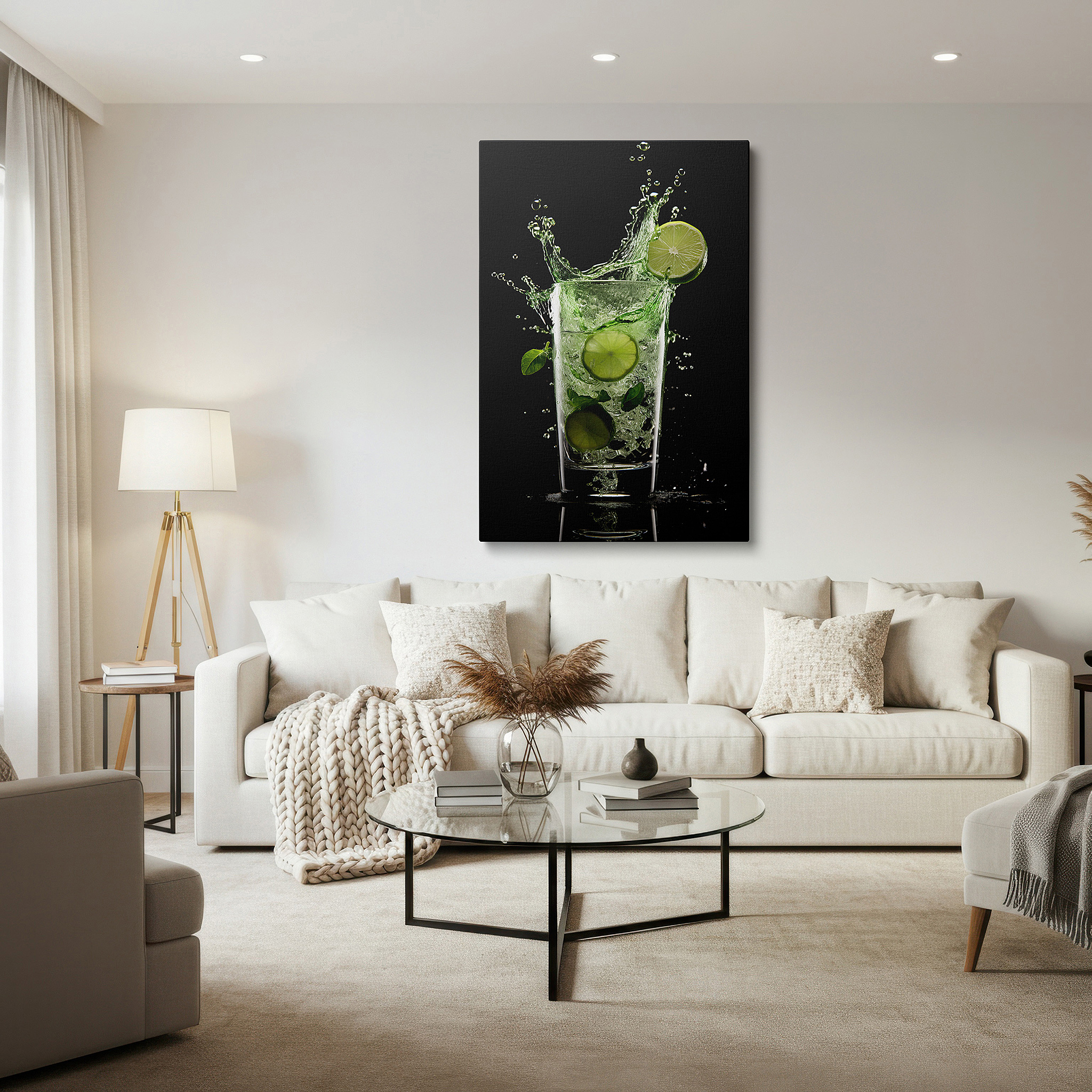Balanced between two tall indoor plants near a window — vibrant limeade splash wall art with radiant greens and dynamic lighting, large canvas wall decor for office and bedroom