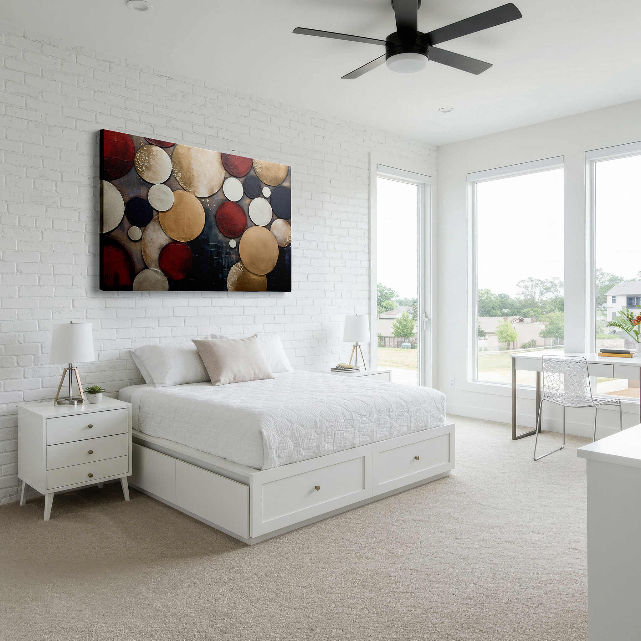 Balanced between two tall indoor plants near a window — vibrant overlapping circles large wall art for modern spaces, canvas wall decor for office and bedroom