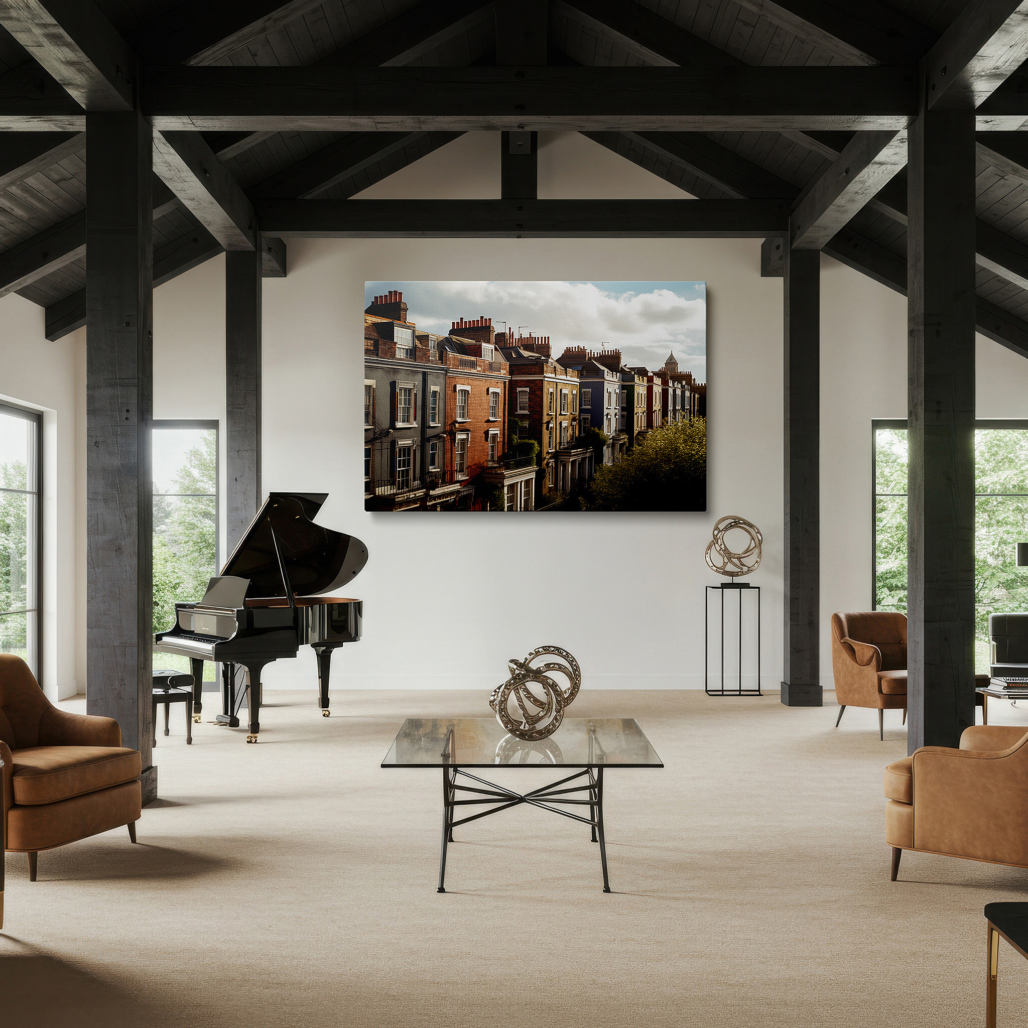 Balanced between two tall indoor plants near a window — victorian houses bathed in late afternoon sunlight: a tapestry of urban nostalgia and warmth - large wall art, canvas wall art, wall decor for office