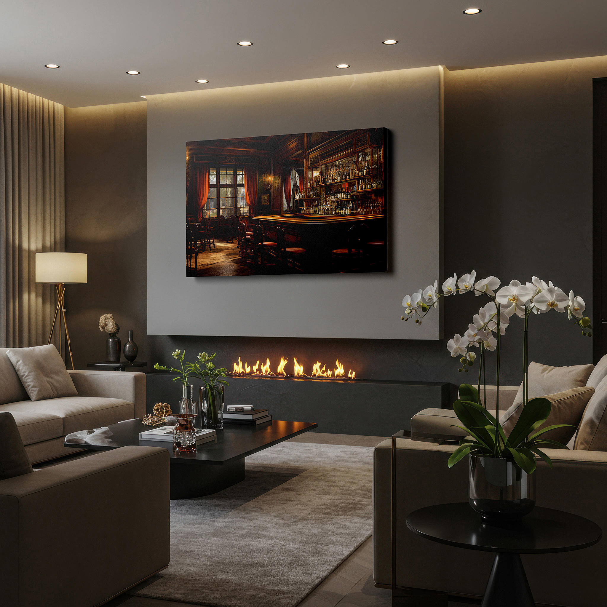Balanced between two tall indoor plants near a window — victorian-style bar wall art: exuding sophistication and timeless elegance for relaxation and social gatherings. explore large canvas wall art decor.