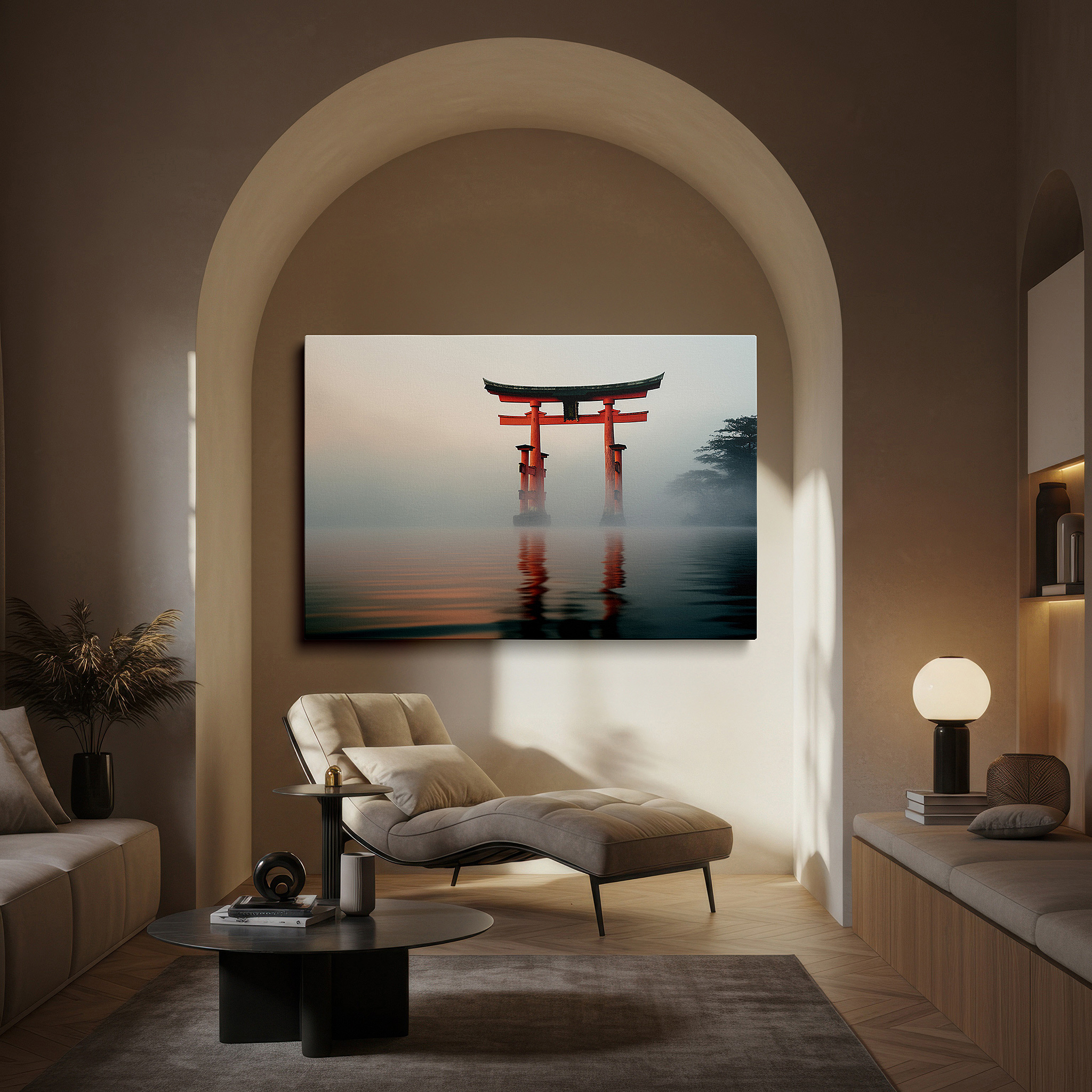 Balanced between two tall indoor plants near a window — wall art: enchanting red torii gate on a misty waterscape - a gateway to peace and reflection. large canvas wall art for home and office decor.