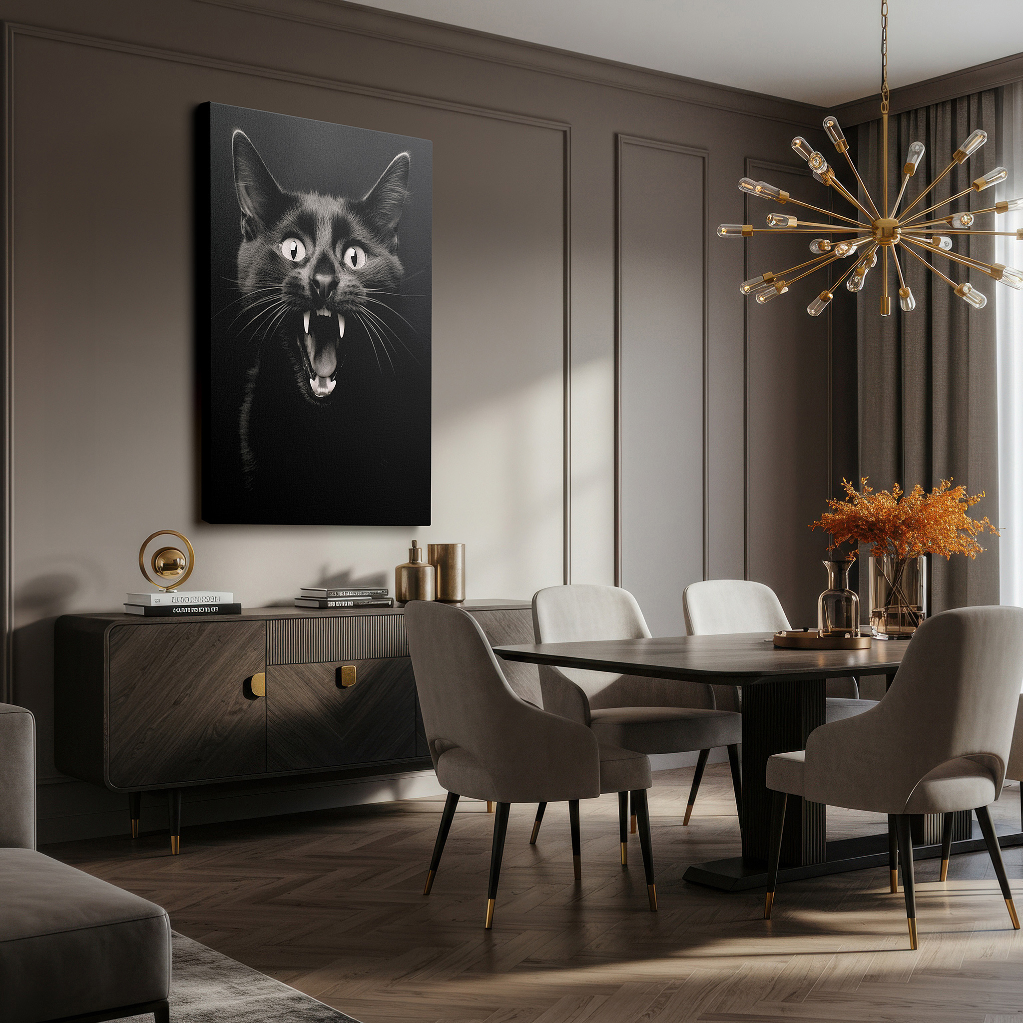 Balanced between two tall indoor plants near a window — wall art: fierce black cat in mid-roar exuding pure emotion and untamed essence - ideal for living room, bedroom, or office decor, available as large canvas wall art