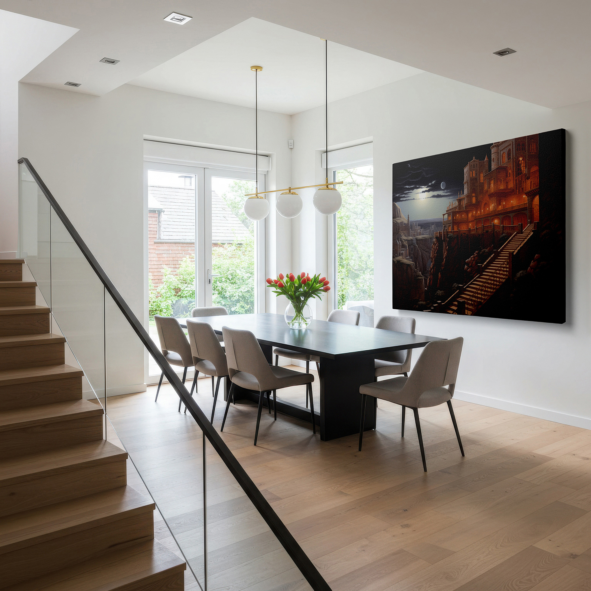 Balanced between two tall indoor plants near a window — wall art: majestic mountain fortress under moonlit twilight - gateway to ancient realms, large canvas wall art decor for office