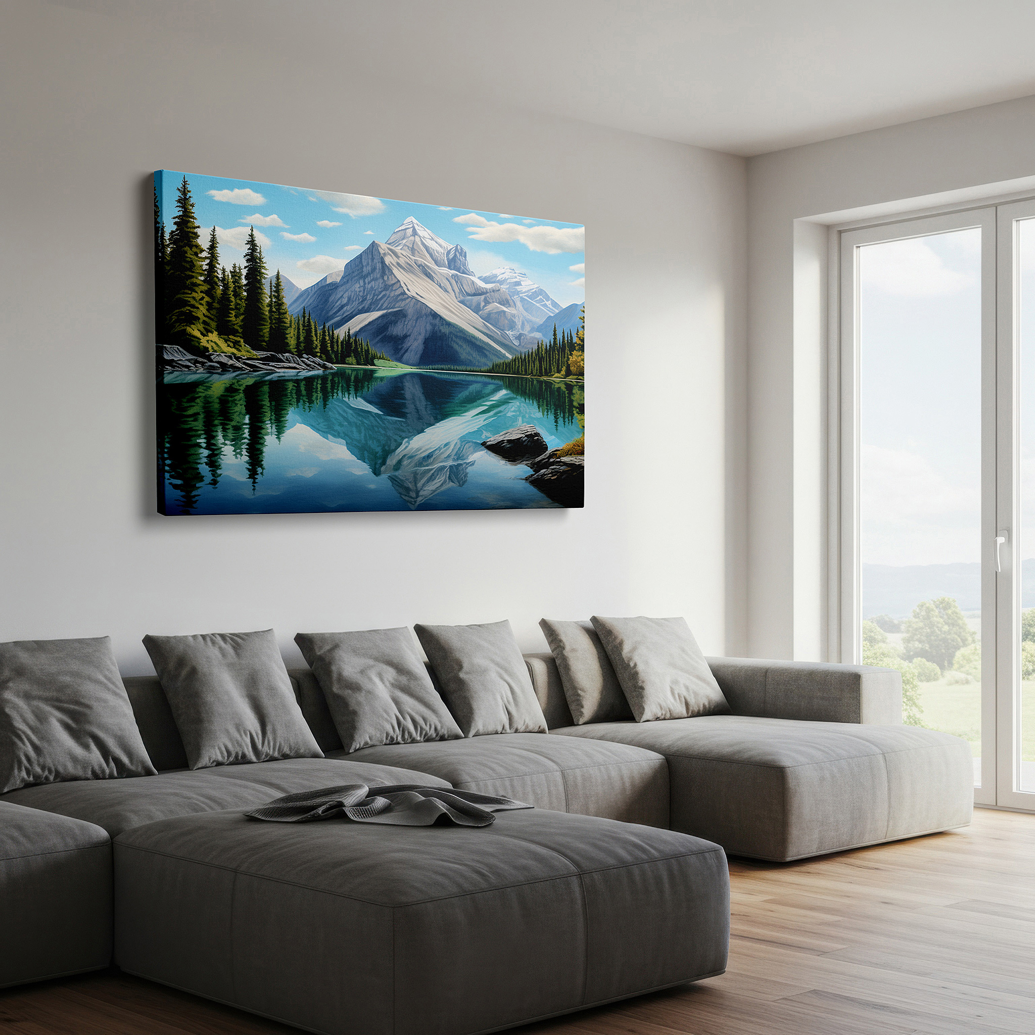 Balanced between two tall indoor plants near a window — wall art: majestic mountains and reflective lake surrounded by lush coniferous trees - large canvas wall art for office and bedroom decor