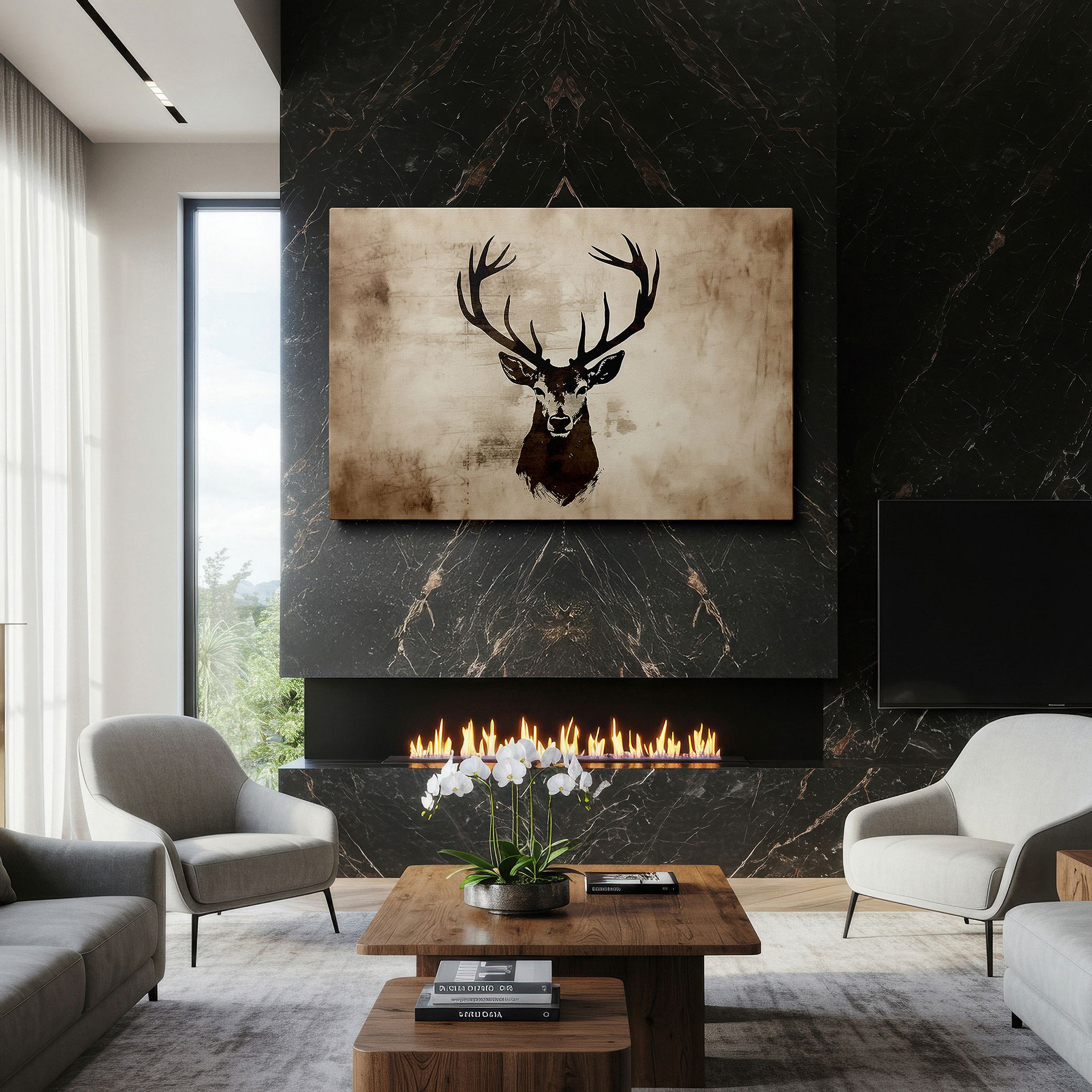 Balanced between two tall indoor plants near a window — wall art: majestic stag at dawn, emblem of wild elegance and freedom