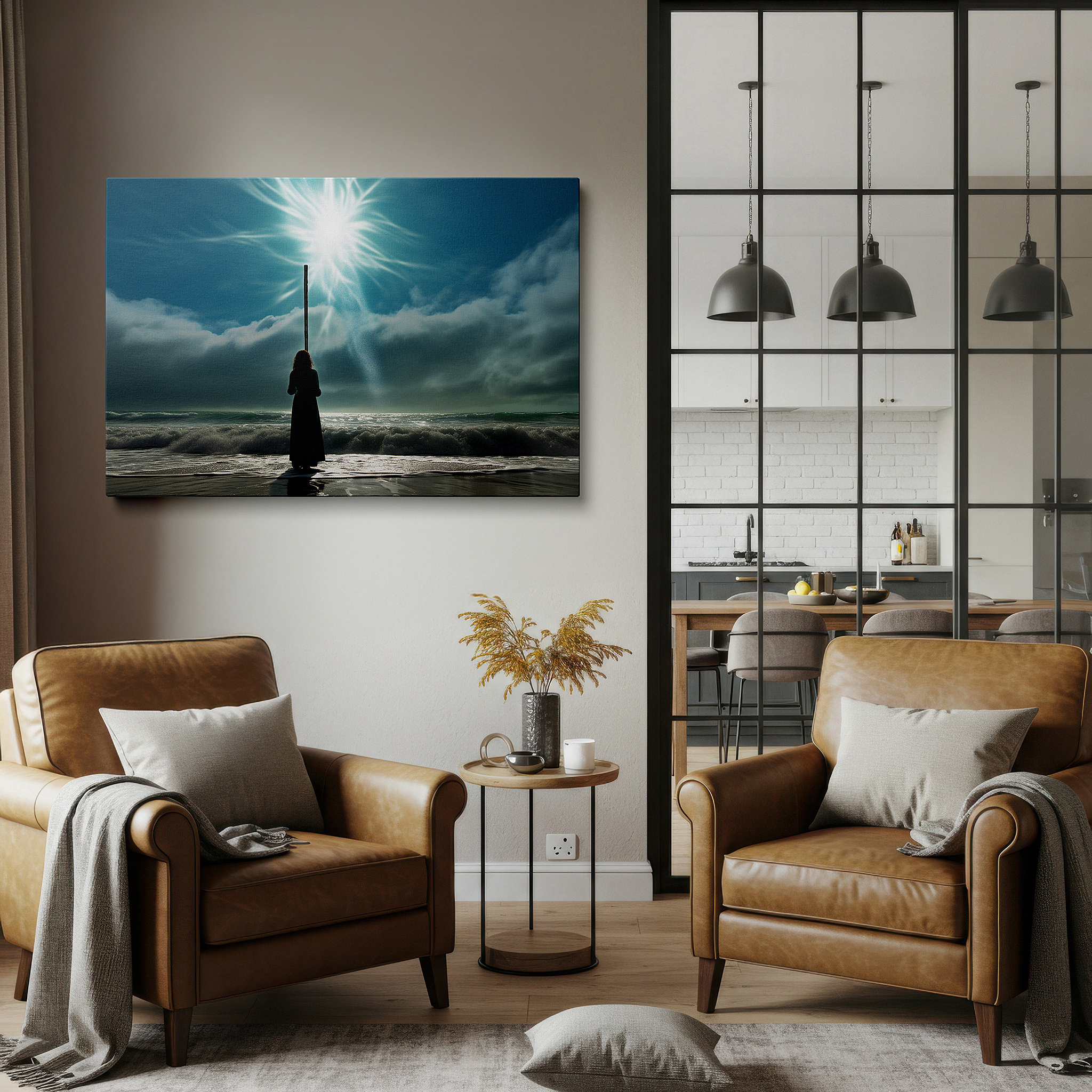 Balanced between two tall indoor plants near a window — wall art: solitary figure with staff on beach - emblem of guidance and spiritual strength. ideal for living room, office, or bedroom decor. available in large canvas formats.