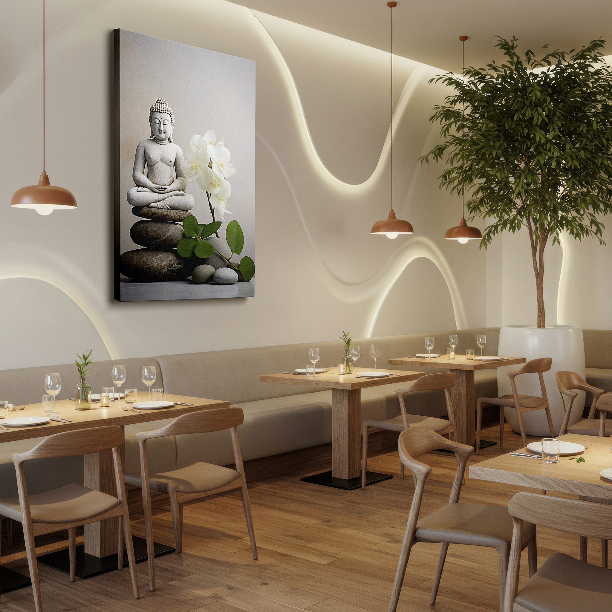Balanced between two tall indoor plants near a window — wall decor: eternal serenity - large canvas featuring a buddha statue, orchids, and pebbles, symbolizing calm and enlightenment