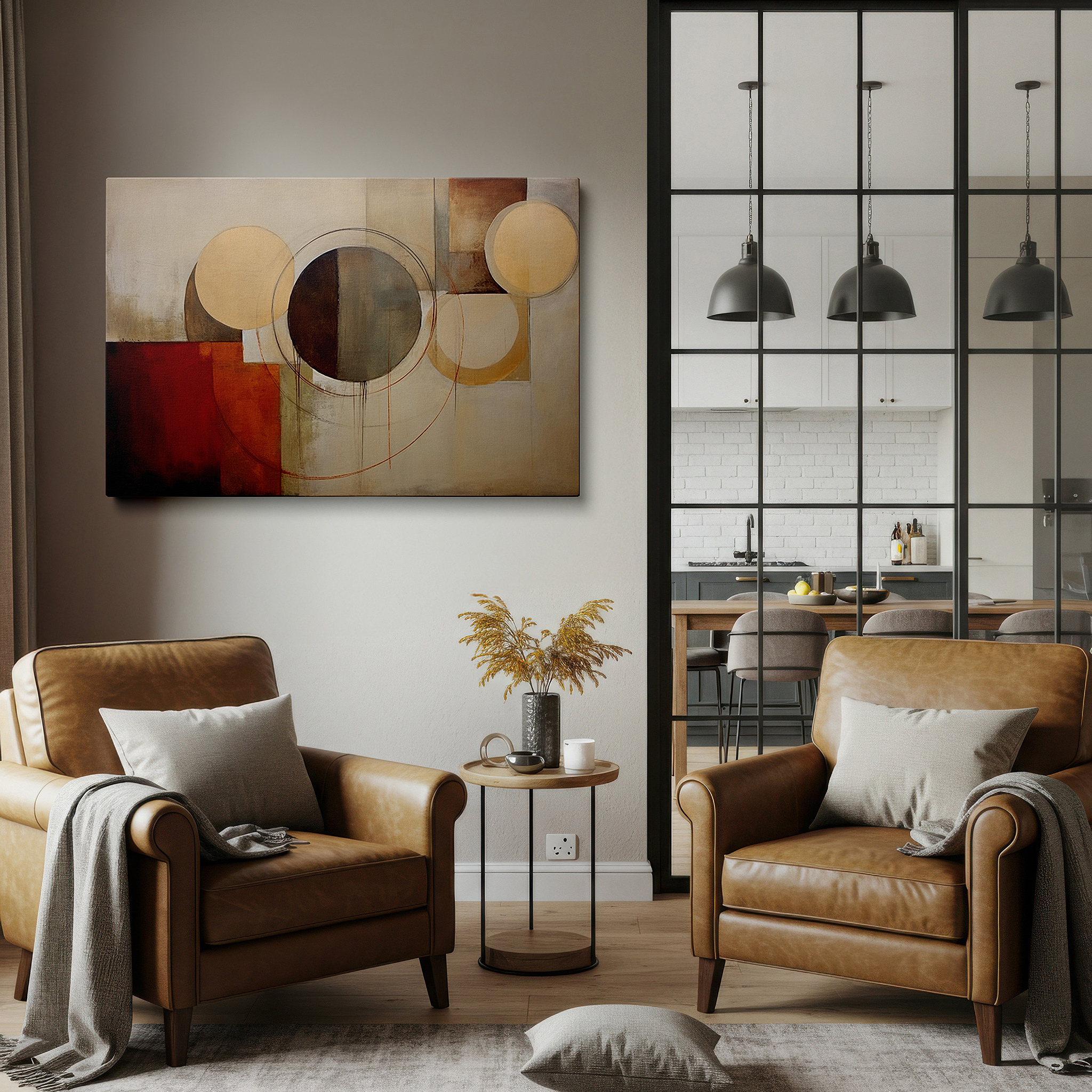 Balanced between two tall indoor plants near a window — warm toned geometric shapes large wall art, canvas decor for office, bedroom, and living room