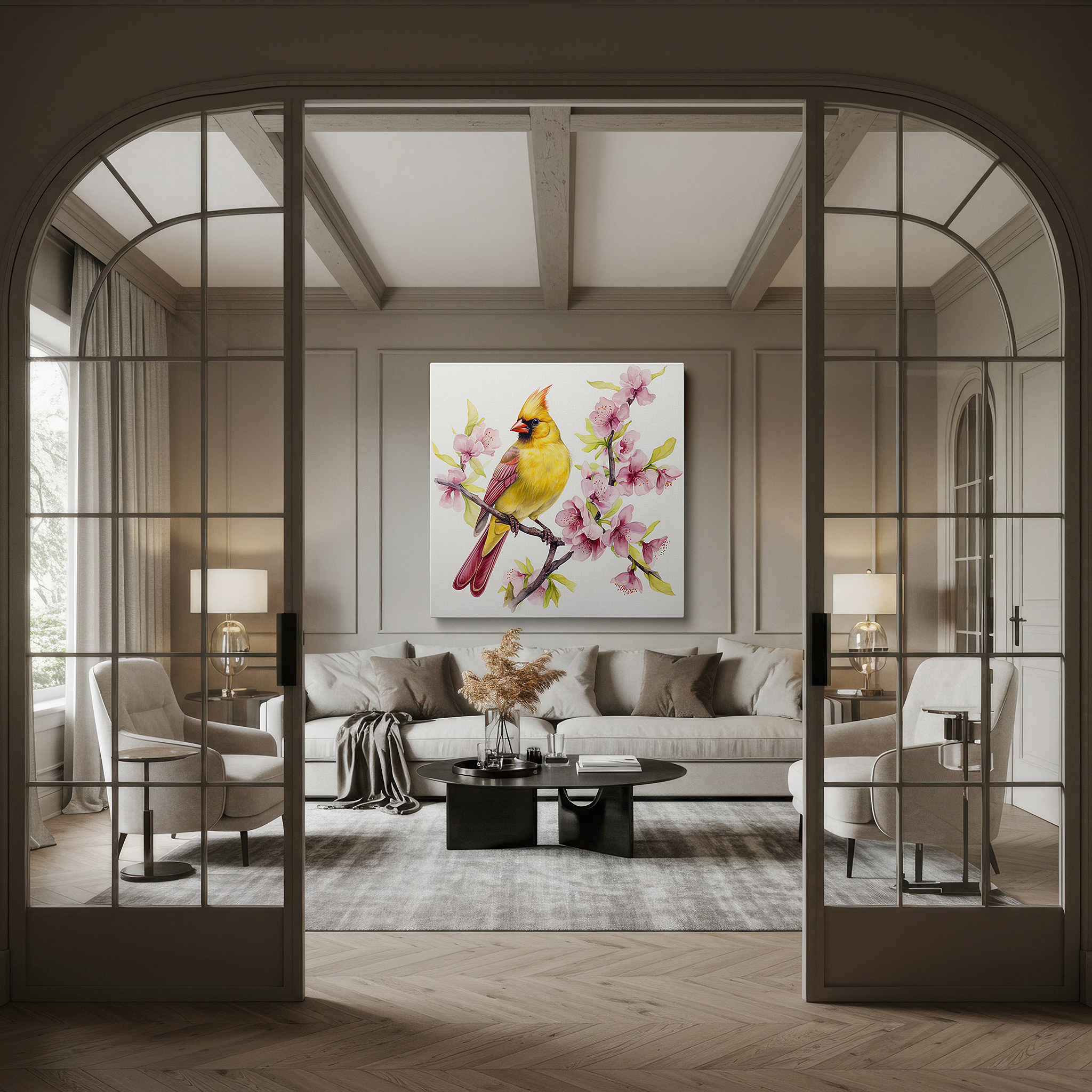 Balanced between two tall indoor plants near a window — yellow cardinal in pink blossoms: serene and vibrant large wall art for office or bedroom decor