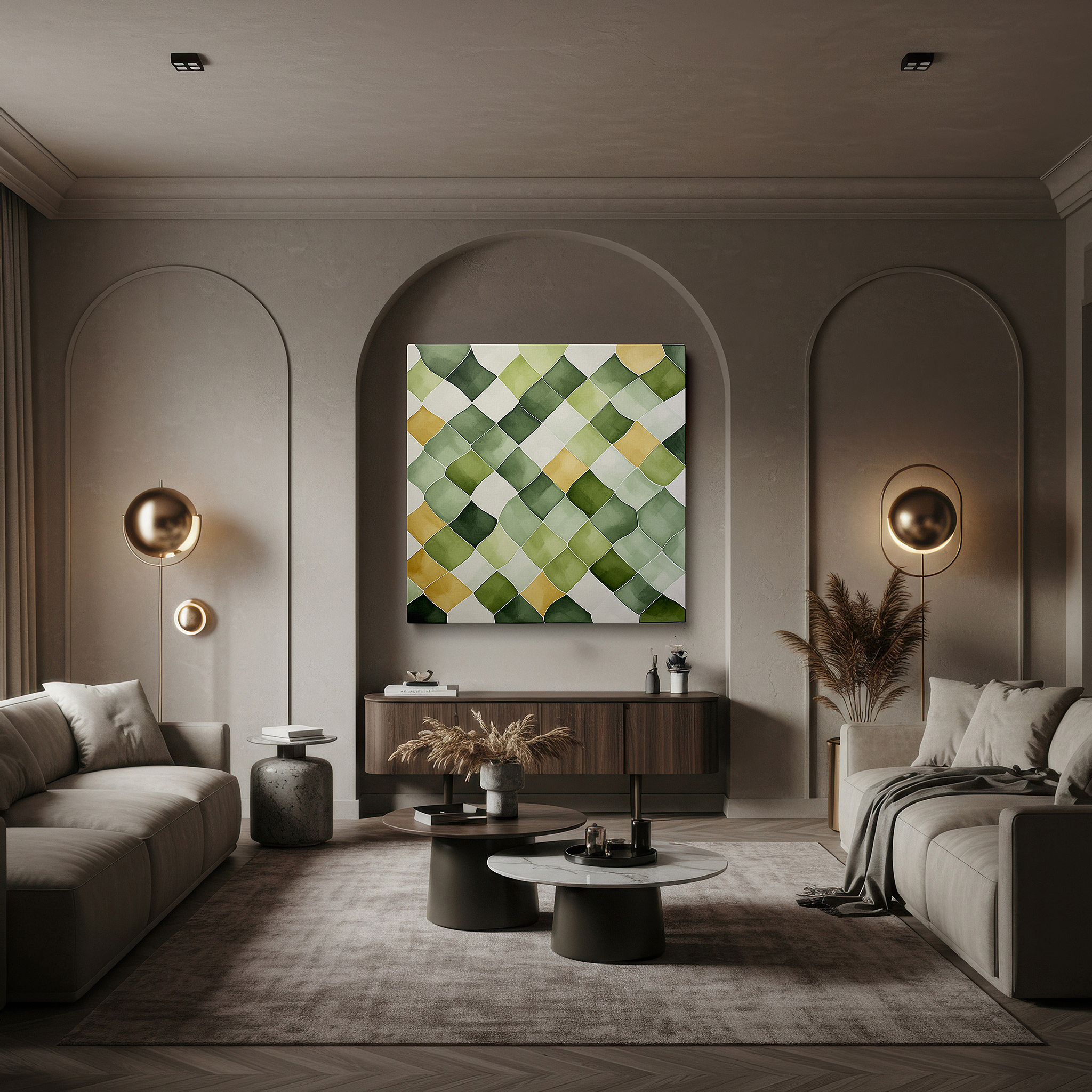 Bathed in morning sunlight streaming through sheer curtains — abstract symphony of soothing greens and sunlit yellows: nature's essence through curves, large canvas wall art