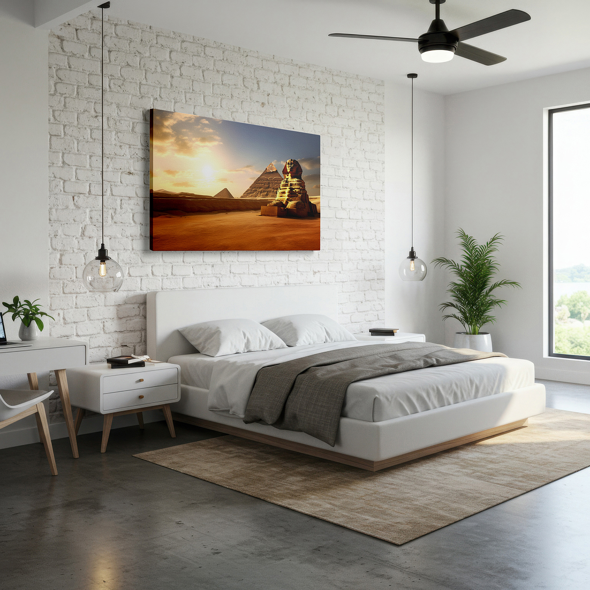 Bathed in morning sunlight streaming through sheer curtains — ancient egypt gateway featuring the majestic sphinx and pyramids large canvas wall art for office and bedroom decor