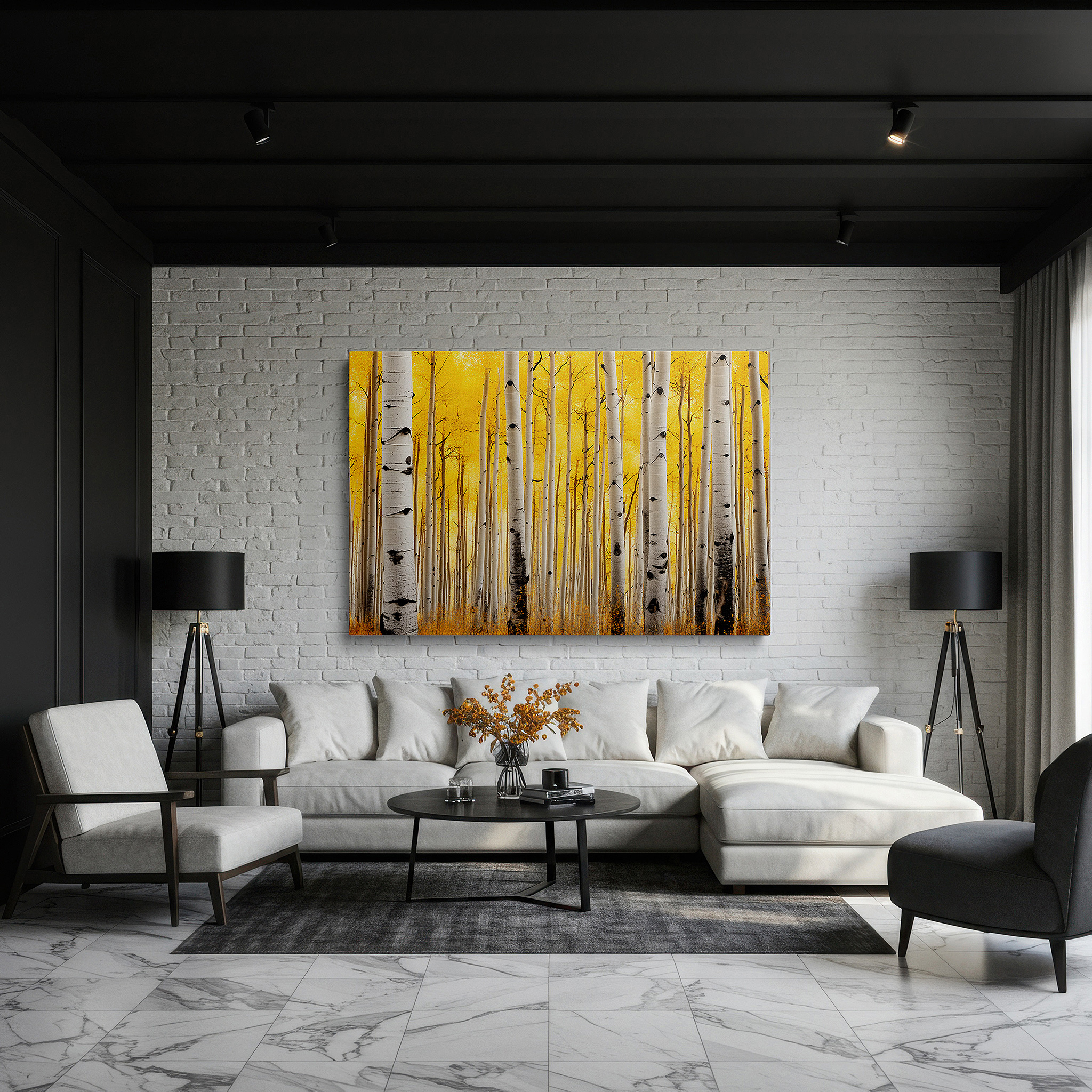 Bathed in morning sunlight streaming through sheer curtains — autumnal tranquility: aspen grove - vibrant and peaceful nature scene, large canvas wall art for home and office decor