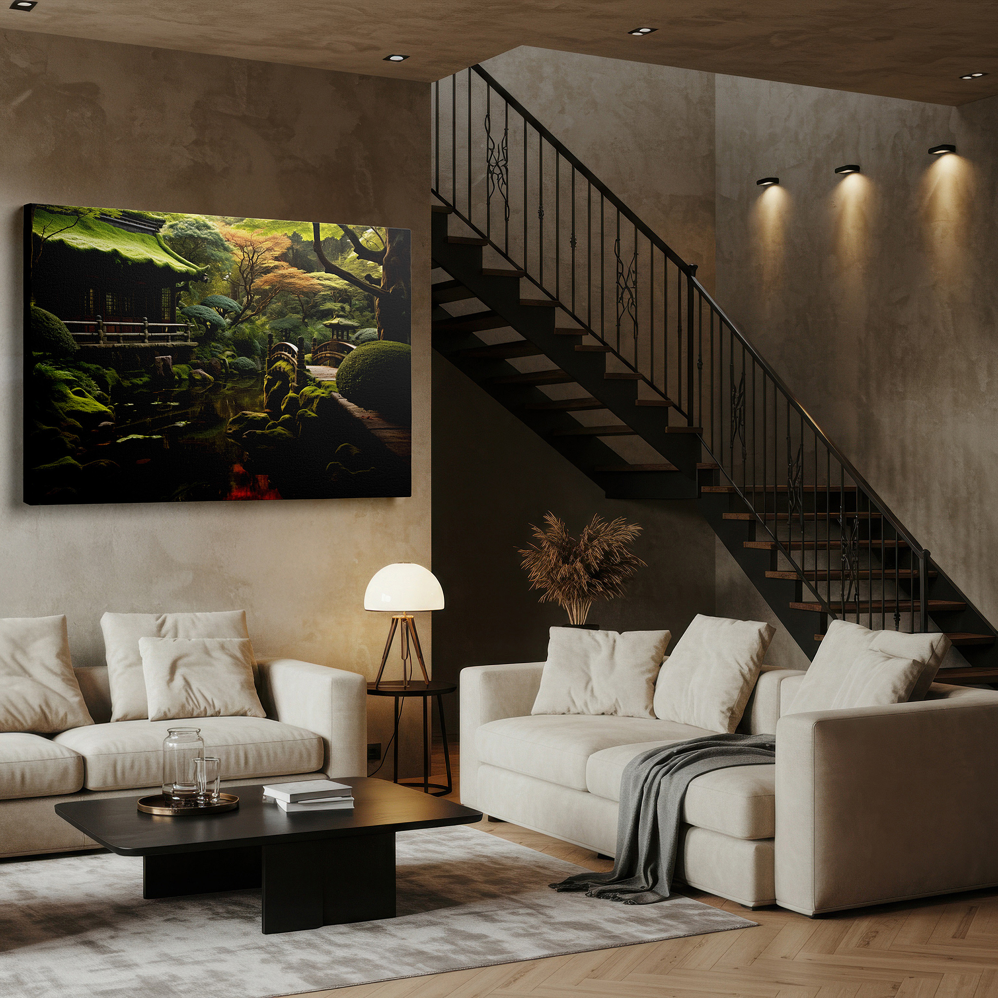 Bathed in morning sunlight streaming through sheer curtains — autumnal tranquility in a japanese garden - exquisite large wall art celebrating nature's peace and seasonal charm, canvas wall art, wall decor