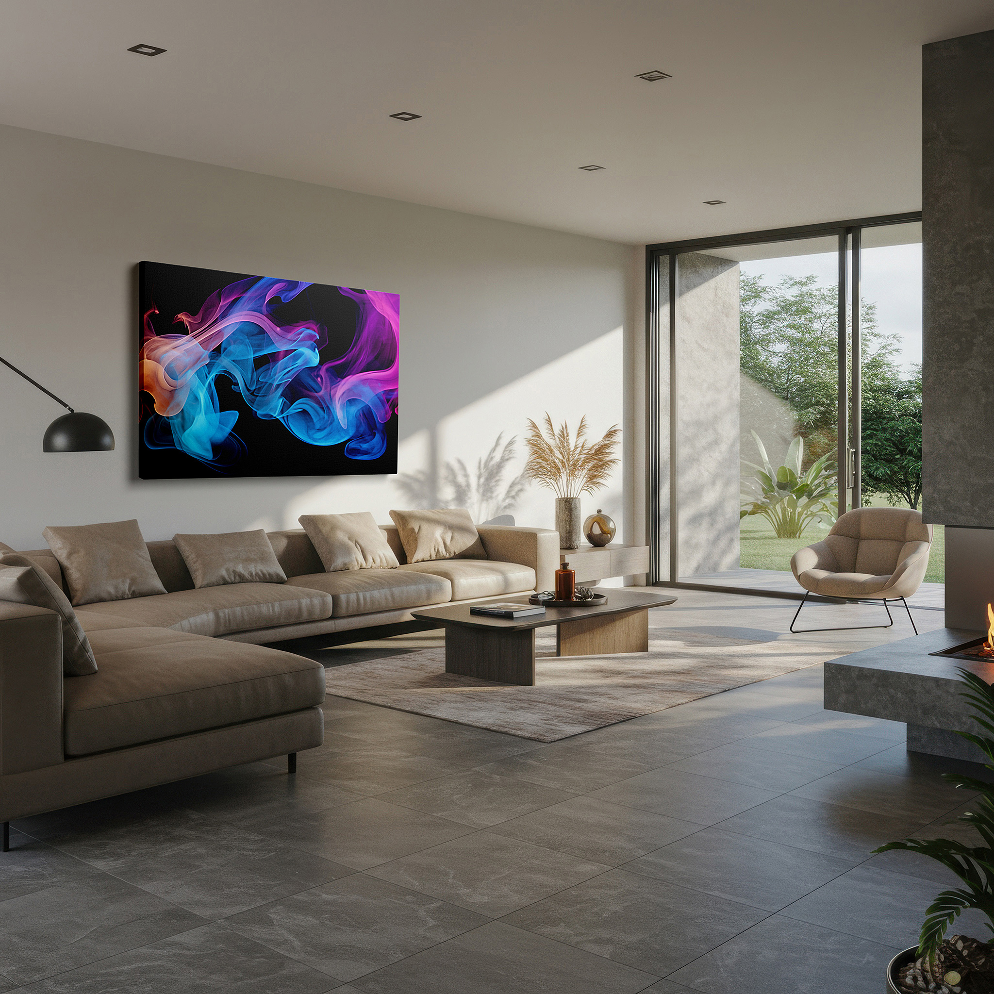 Bathed in morning sunlight streaming through sheer curtains — blue, pink, and orange dynamic swirls and smoke-like shapes dancing wall art, large canvas for office decor
