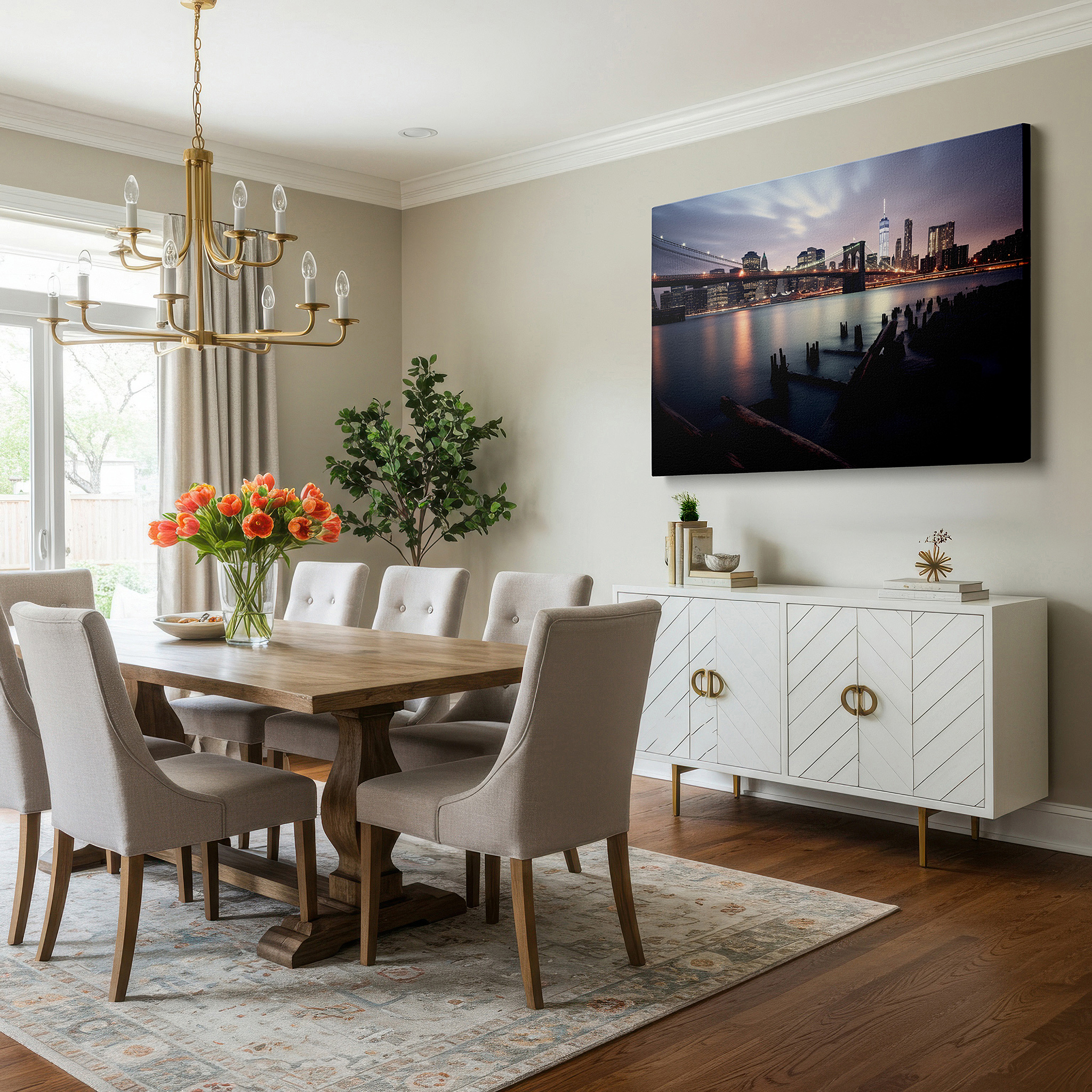Bathed in morning sunlight streaming through sheer curtains — brooklyn bridge at dusk: a harmonious blend of nature and architecture - large canvas wall art for office and bedroom decor
