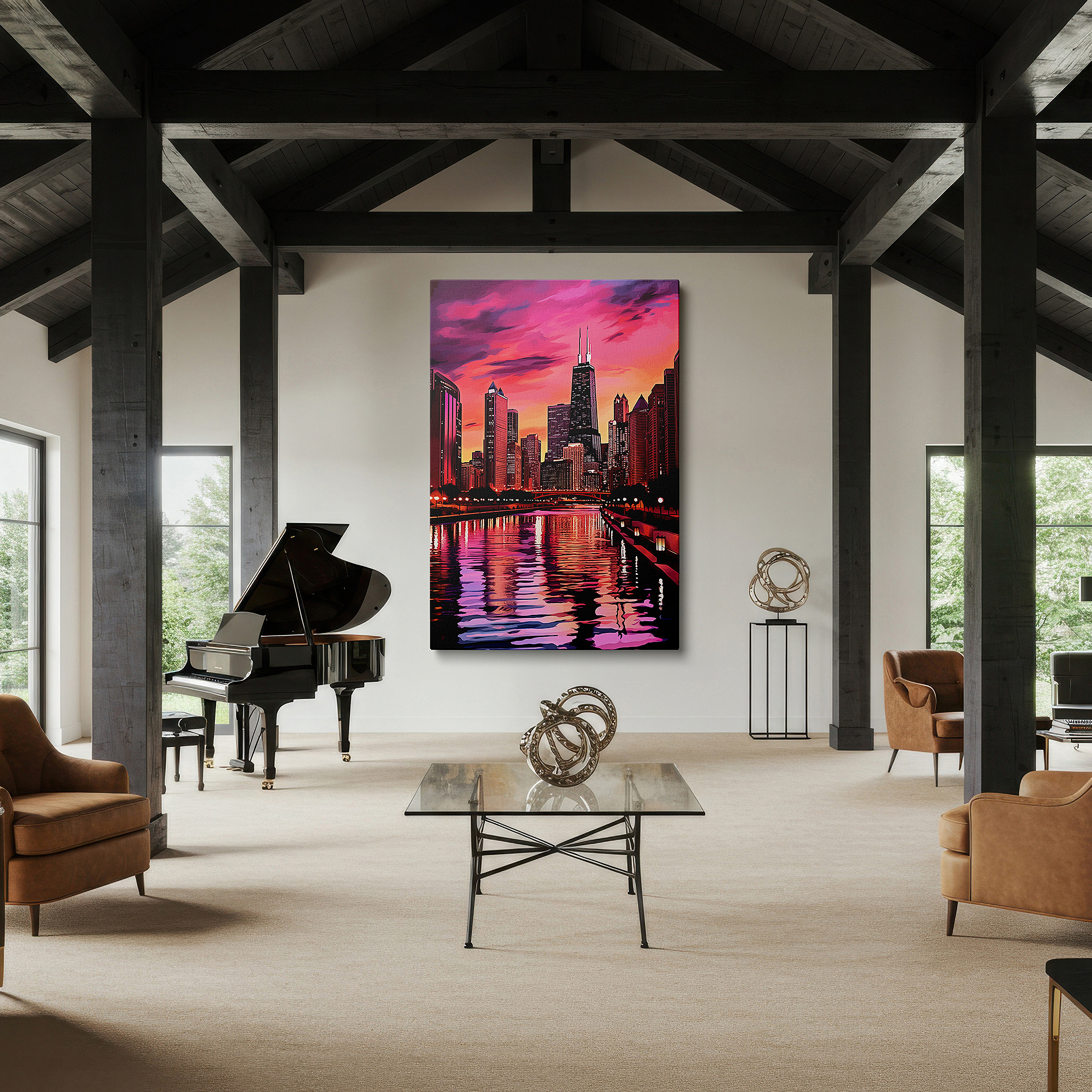Bathed in morning sunlight streaming through sheer curtains — chicago skyline at sunset canvas wall art: enchanting purple and pink hues, ideal for office wall decor