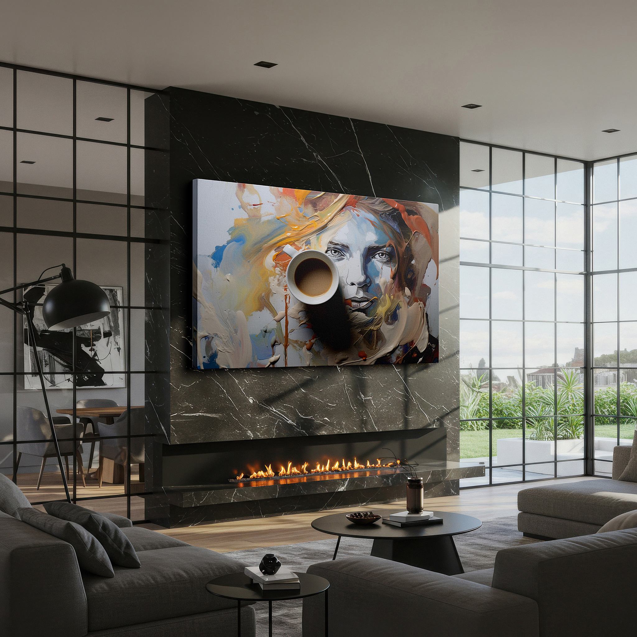 Bathed in morning sunlight streaming through sheer curtains — coffee break on an artist's palette: blending everyday comfort with creative flair - large wall art, canvas wall art, wall decor, office wall art