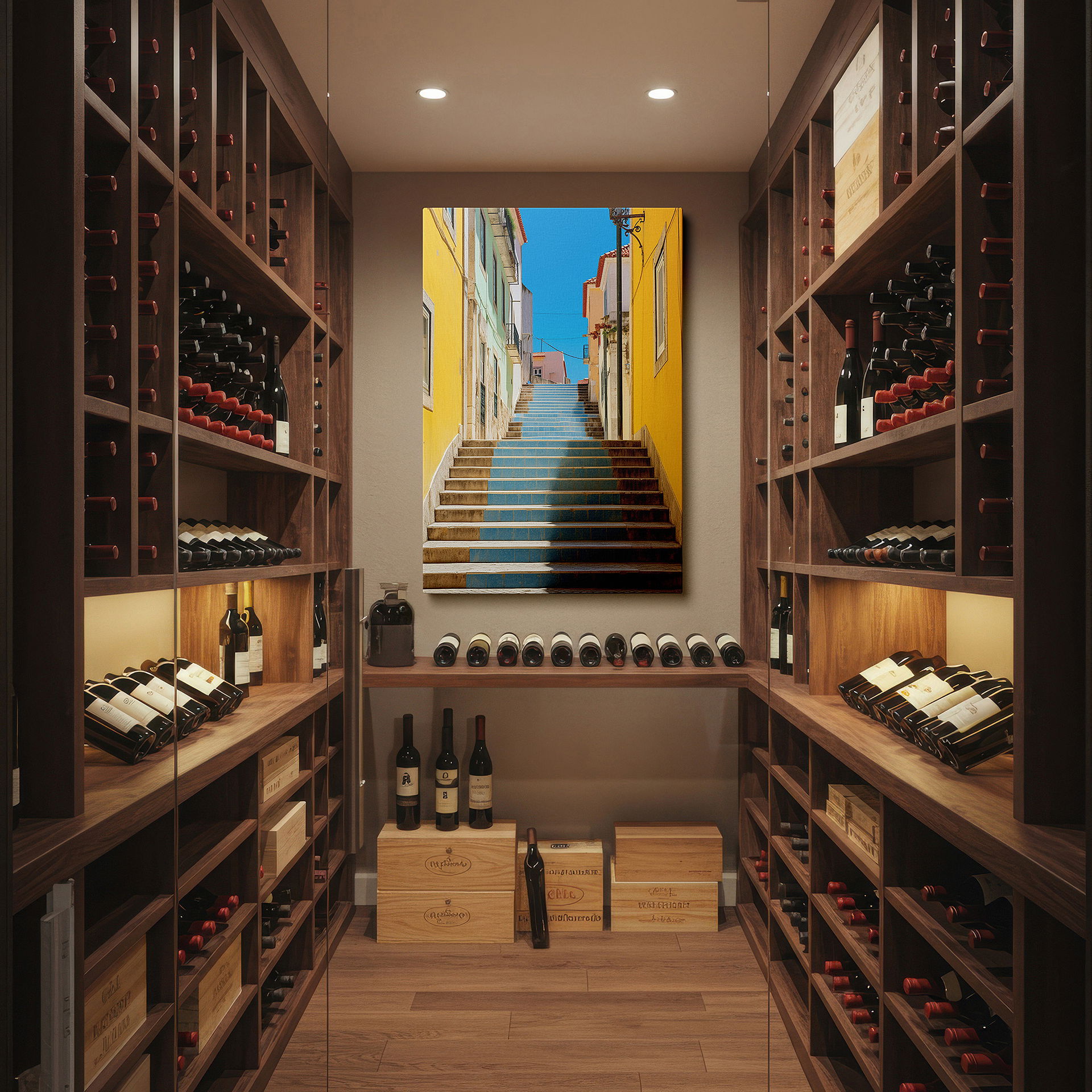 Bathed in morning sunlight streaming through sheer curtains — colorful stairway in a charming european alley, surrounded by vibrant buildings under a clear blue sky - large wall art, canvas wall art, wall decor for office