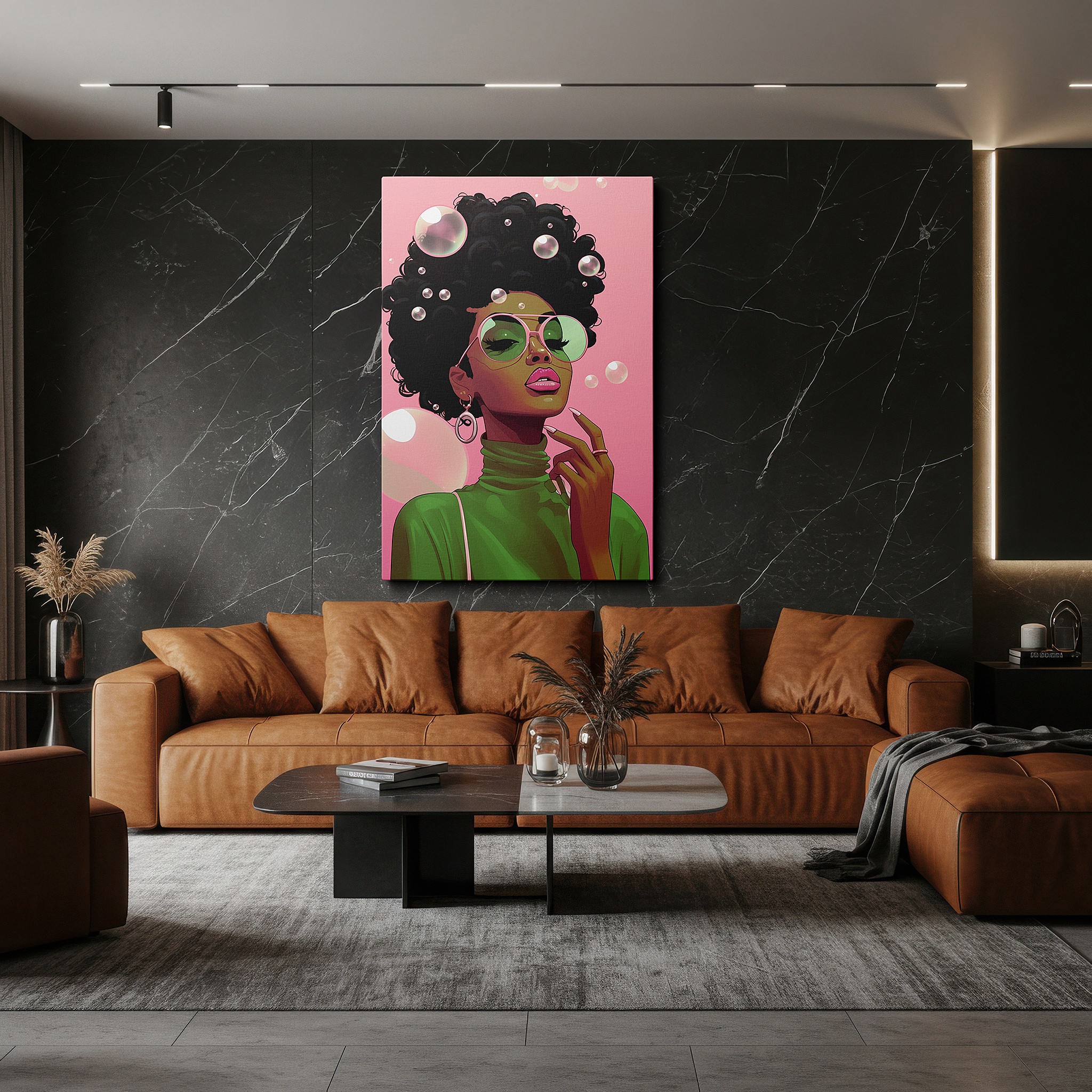 Bathed in morning sunlight streaming through sheer curtains — contemporary women's confidence and style featuring bold bubbles: large canvas wall art for office, bedroom, and living room decor
