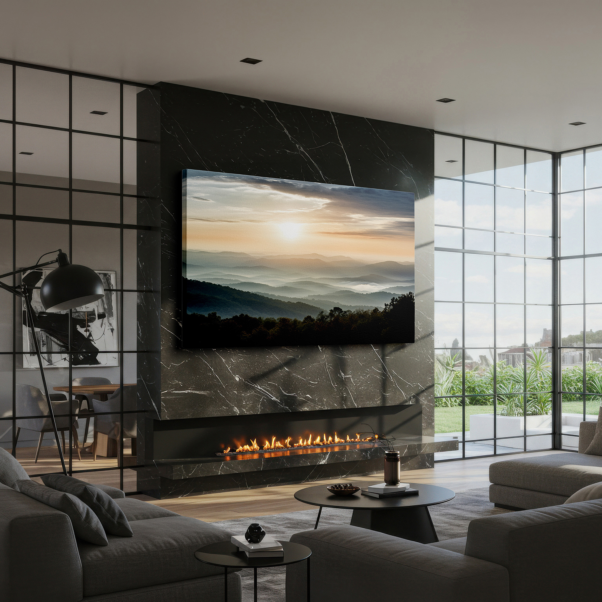 Bathed in morning sunlight streaming through sheer curtains — dawn's gentle embrace: serene landscape with misty valleys and rolling hills - large canvas wall art for office and bedroom decor