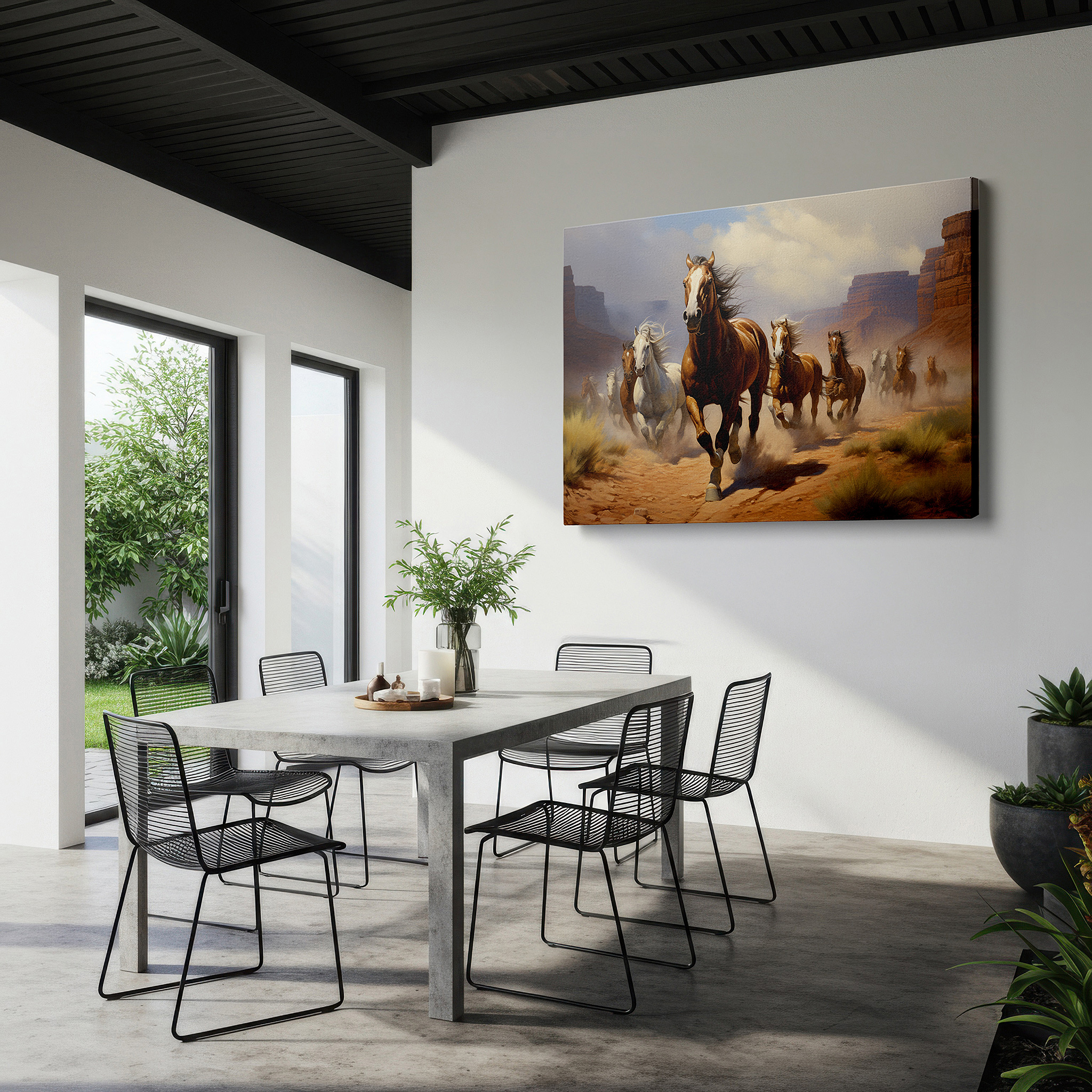 Bathed in morning sunlight streaming through sheer curtains — desert galloping horses - a symbol of freedom and power, large canvas wall art for office and bedroom decor