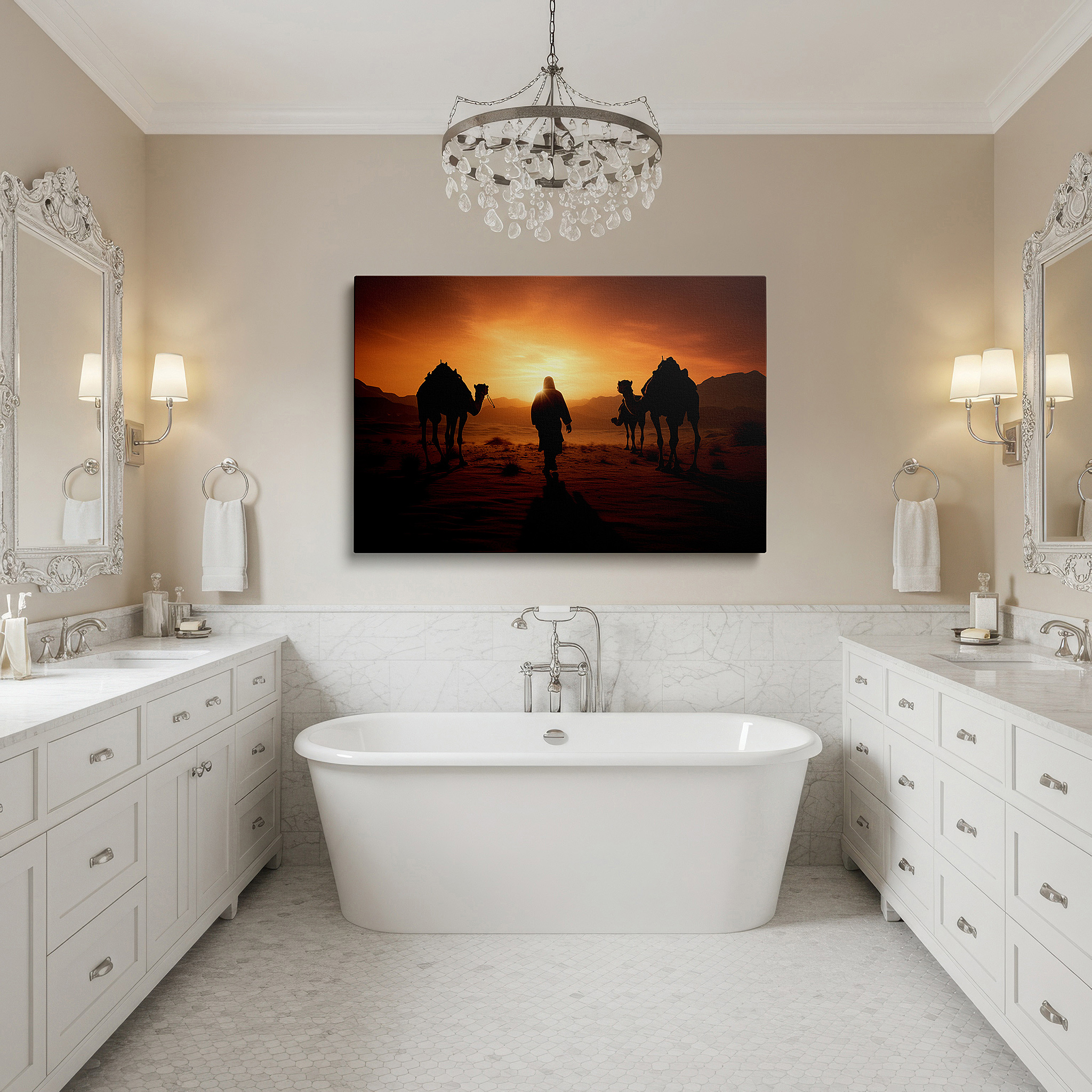 Bathed in morning sunlight streaming through sheer curtains — desert sunset caravan wall art: camels crossing the horizon, tranquil journey scene, large canvas for home and office decor, perfect for living room and bedroom