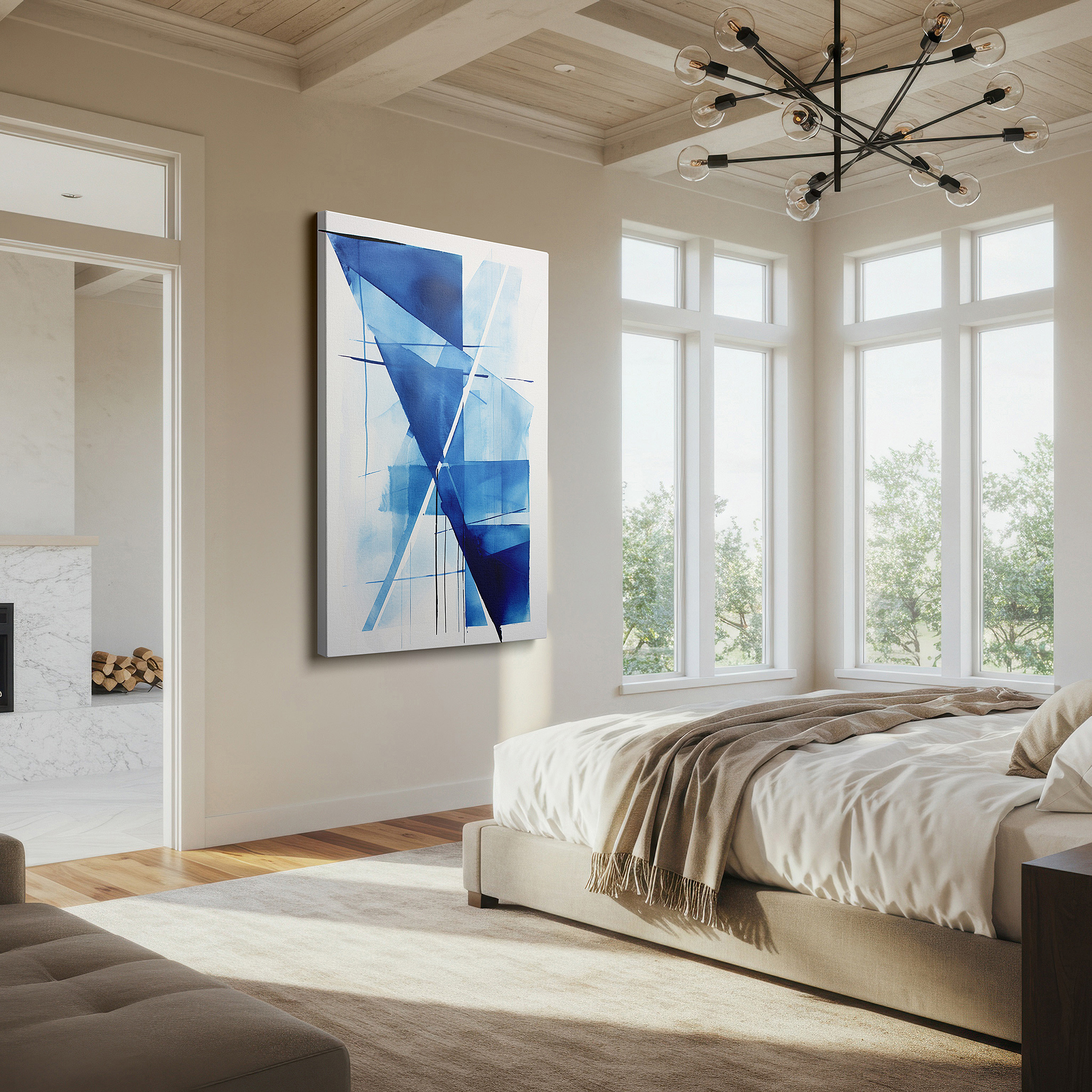 Bathed in morning sunlight streaming through sheer curtains — dynamic blue abstract: a fusion of shapes and emotions in contemporary aesthetics - large wall art, canvas wall art, wall decor for office and bedroom